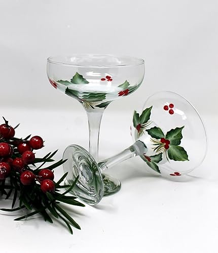 Hand Painted Cocktail Coupe Glasses - Winter Holiday (Set of 2)