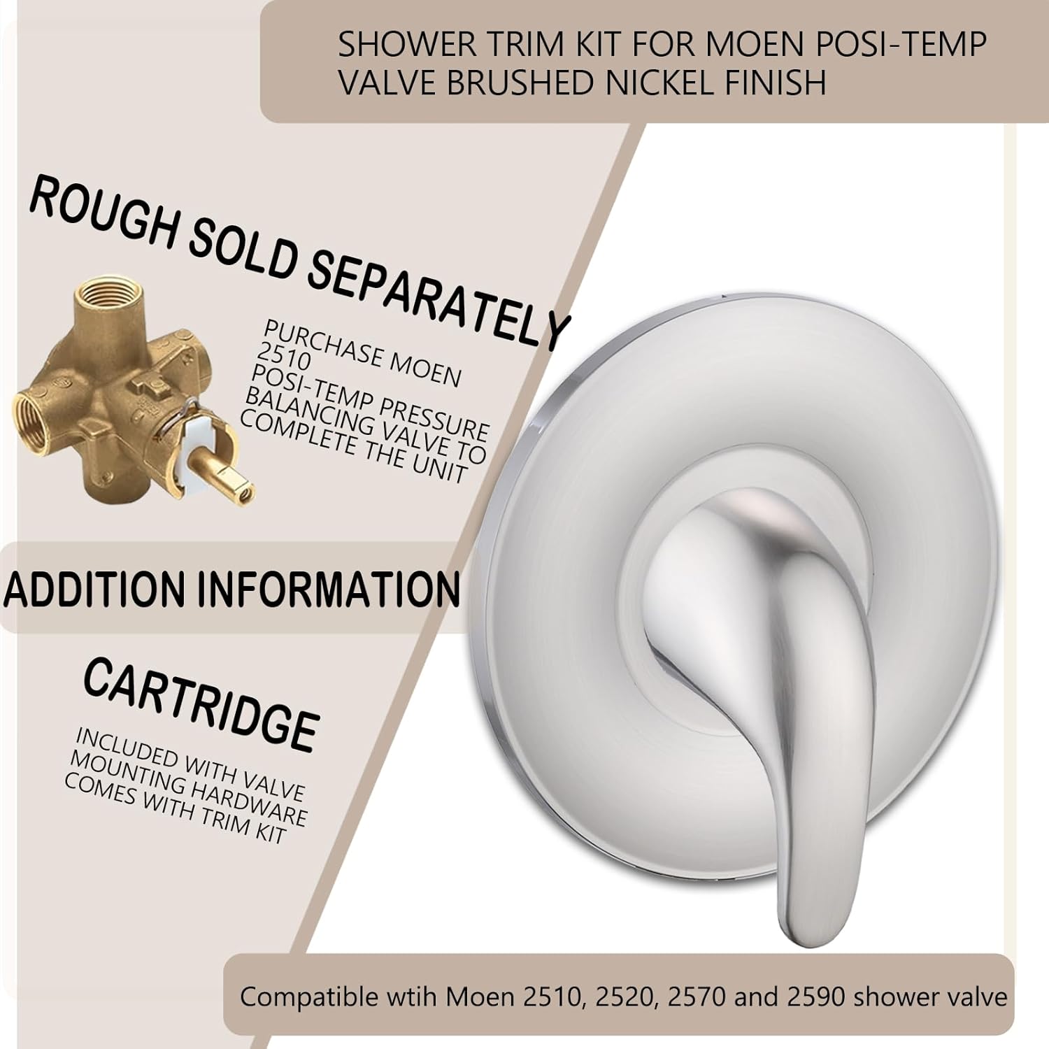 Shower Trim Kit for Moen Posi Temp Valve Replacement, Pressure Balancing Tub Shower Valve and Trim Kit (Brushed Nickel)