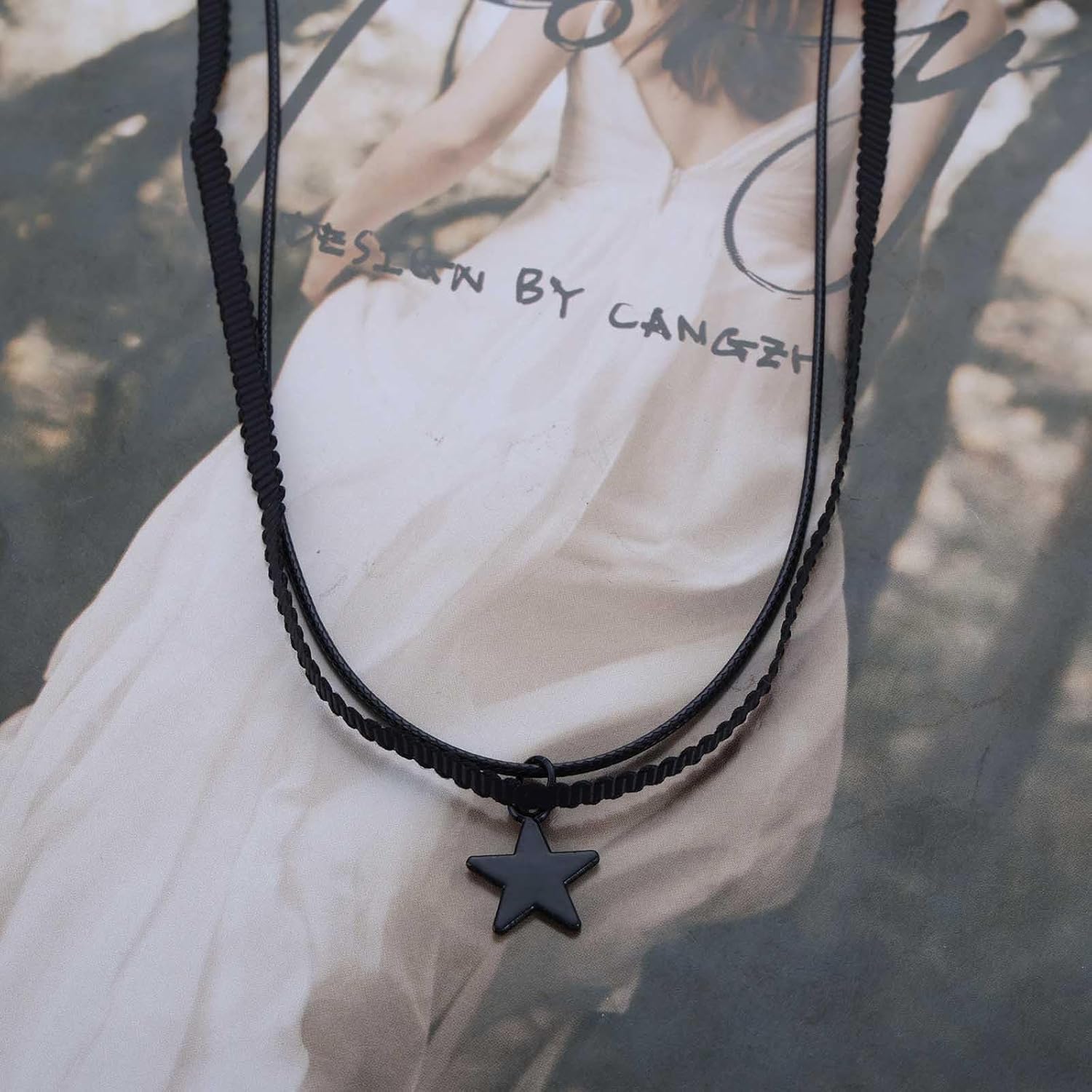Bohemian Layered Star Choker Necklace Black Enamel Star Pendant Necklace Black Leather Lace Chain Necklace Minimal Lace Star Collar Necklace Jewelry for Women - Image 3