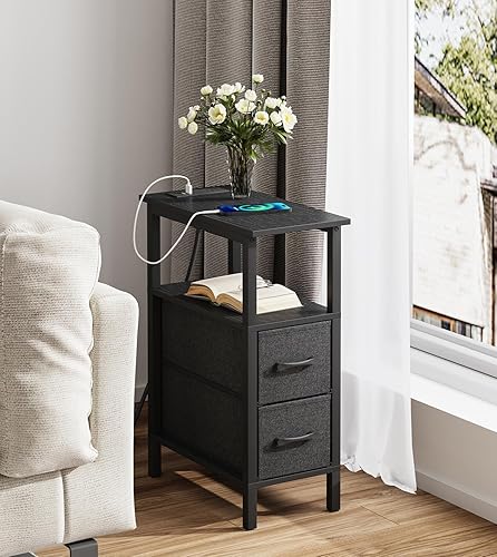 Miniatura 8 de Mesa auxiliar estrecha para espacios pequeños, mesa auxiliar delgada con estación de carga, sofá con 2 cajones de tela y 1 compartimento abierto,