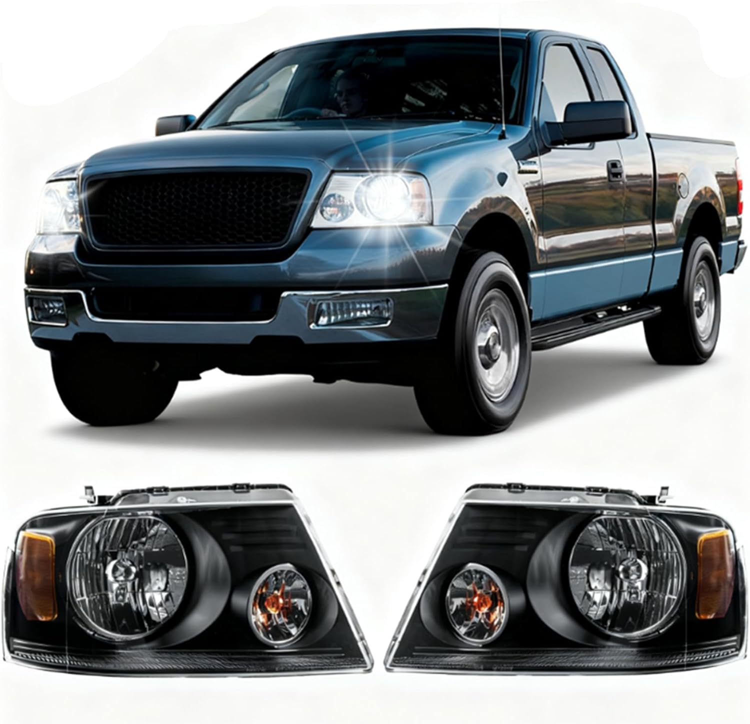 PHILTOP Headlight Assembly Set Compatible with 2004 2006 2007 2008 Ford F150,2006 Lincoln Mark LT,Driver & Passenger Side Halogen Headlamp without Bulbs Black Housing Amber Reflector Clear Lens