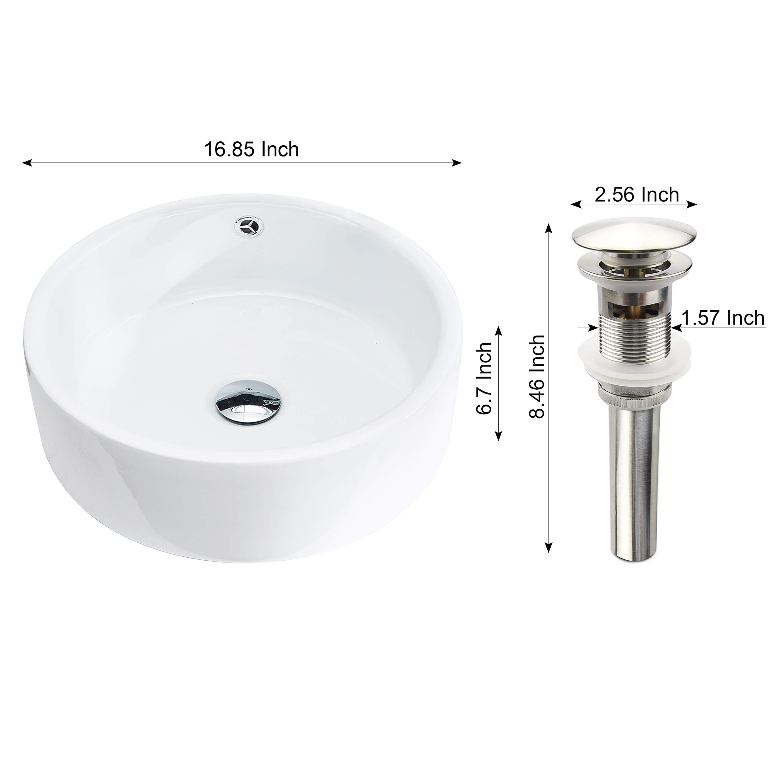 PetusHouse Bathroom Vessel Sink and Pop Up Drain Combo, Round Above Counter White Porcelain Ceramic Bathroom Vessel Vanity Sink Washing Art Basin, Overflow Type