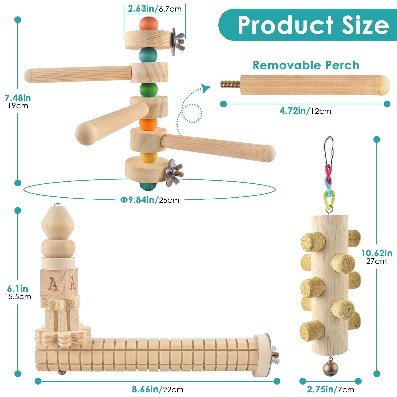 DBNESS 3pcs Natural Wood Bird Perch Toys, Rotating Perch Stand, L-Shaped Perches with Chew Block, Hanging Cork Stopper Toy, Birdcage Accessories for Small Medium Parrots Cockatiels Quaker Caique - image 2