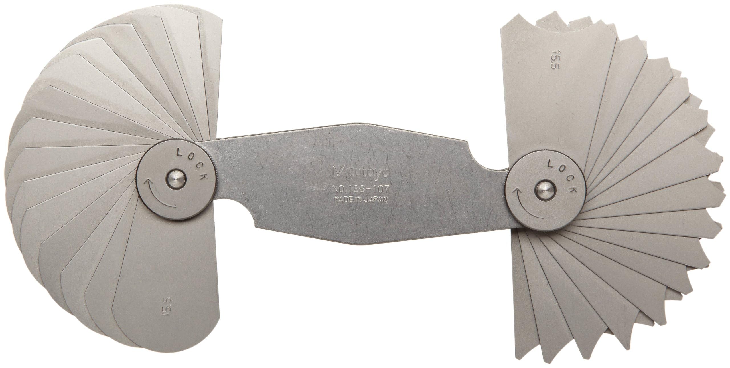 186-107, Radius Gage Set, 30 Pairs of Leaves, 15.5mm to 20mm by 0.5mm, 21mm to 25mm by 1mm