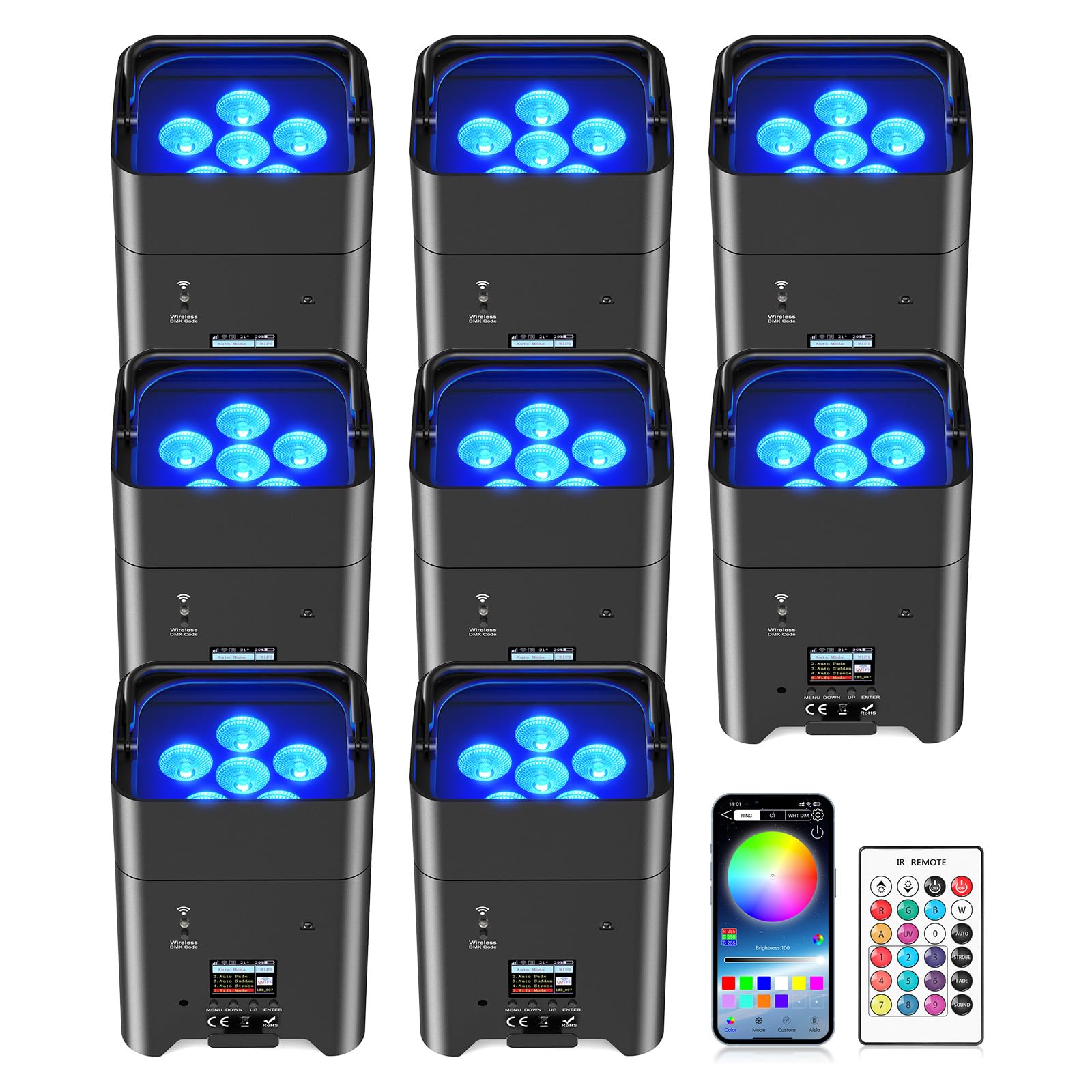 8er 1108W Akku LED Par Strahler APP (IOS- und Android) mit Fernbedienung/DMX, wiederaufladbarer RGBWA+UV LED Bühnenlicht Uplight Partylicht Disco Licht für DJ Bar KTV Hochzeit