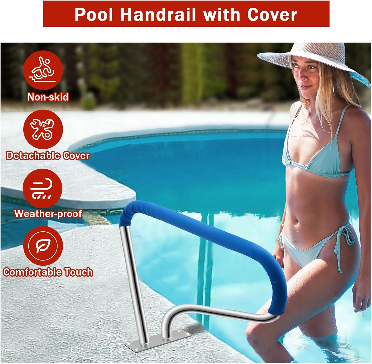 32" x 22.5" Pool Handrail – 304 Stainless Steel, 375 Lbs Load Capacity, Quick Mount, Non-Slip Blue Nylon Grip – Durable Pool Railings for Swimming Pools & Water Parks