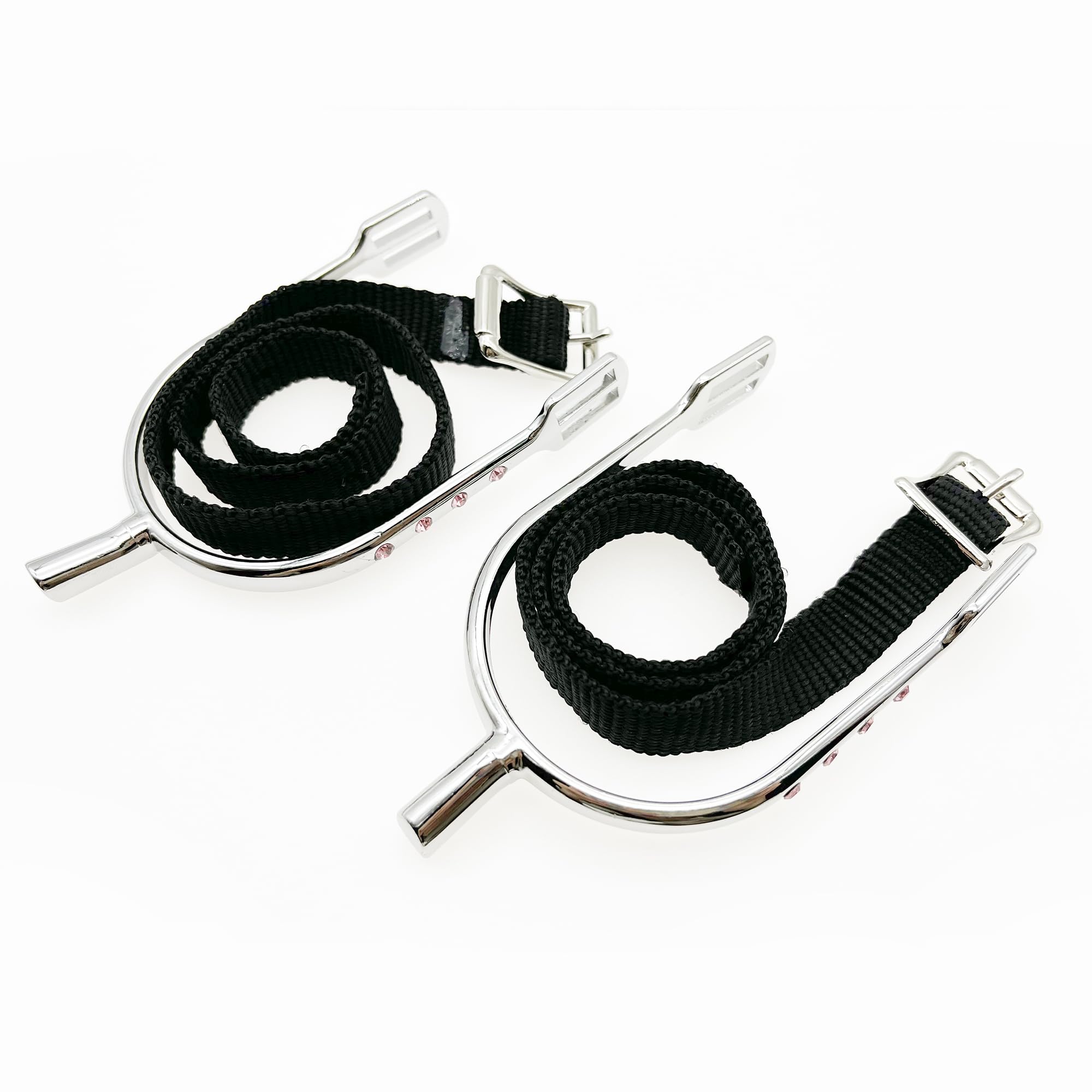 QualiTime English Bumper Spurs with Straps for Women, Zinc Alloy Chrome Plated Equestrian Spurs, Round Spurs with Rhinestone, 1 Pair, Silver