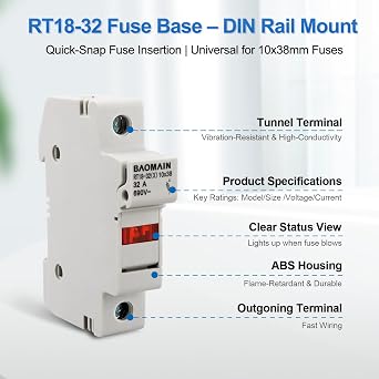 Baomain RT18-32 Fuse Holder Base with 10x5A Ceramic Fuses (10x38mm) 1 Pole DIN Rail Mount, LED Indicator, CE Certified (5 Amp)