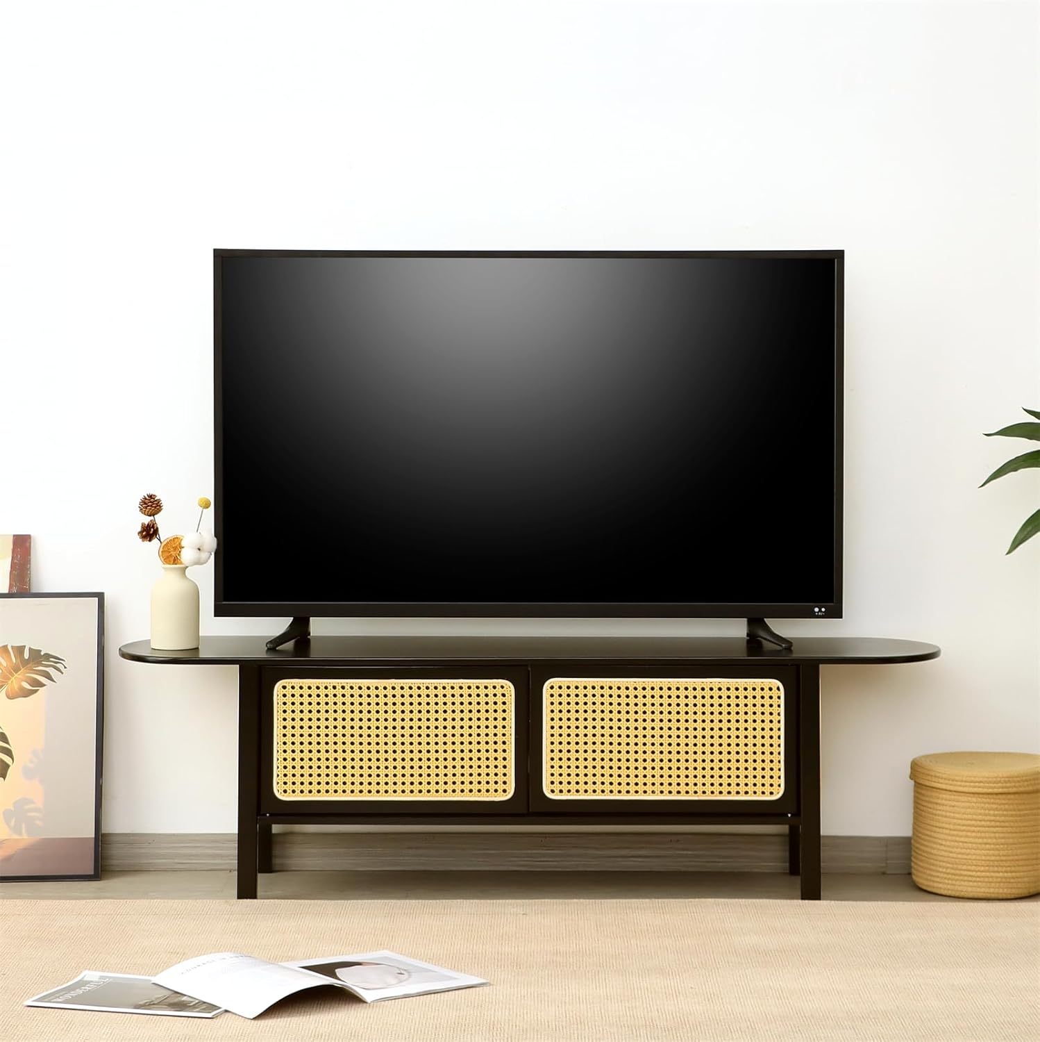 Bamboo TV Stand for TVs up to 65", Accent Entertainment Center with Storage, Media Console Table with Rattan Door, Modern TV Stand for Living Room, Bedroom, 55"(L), Black