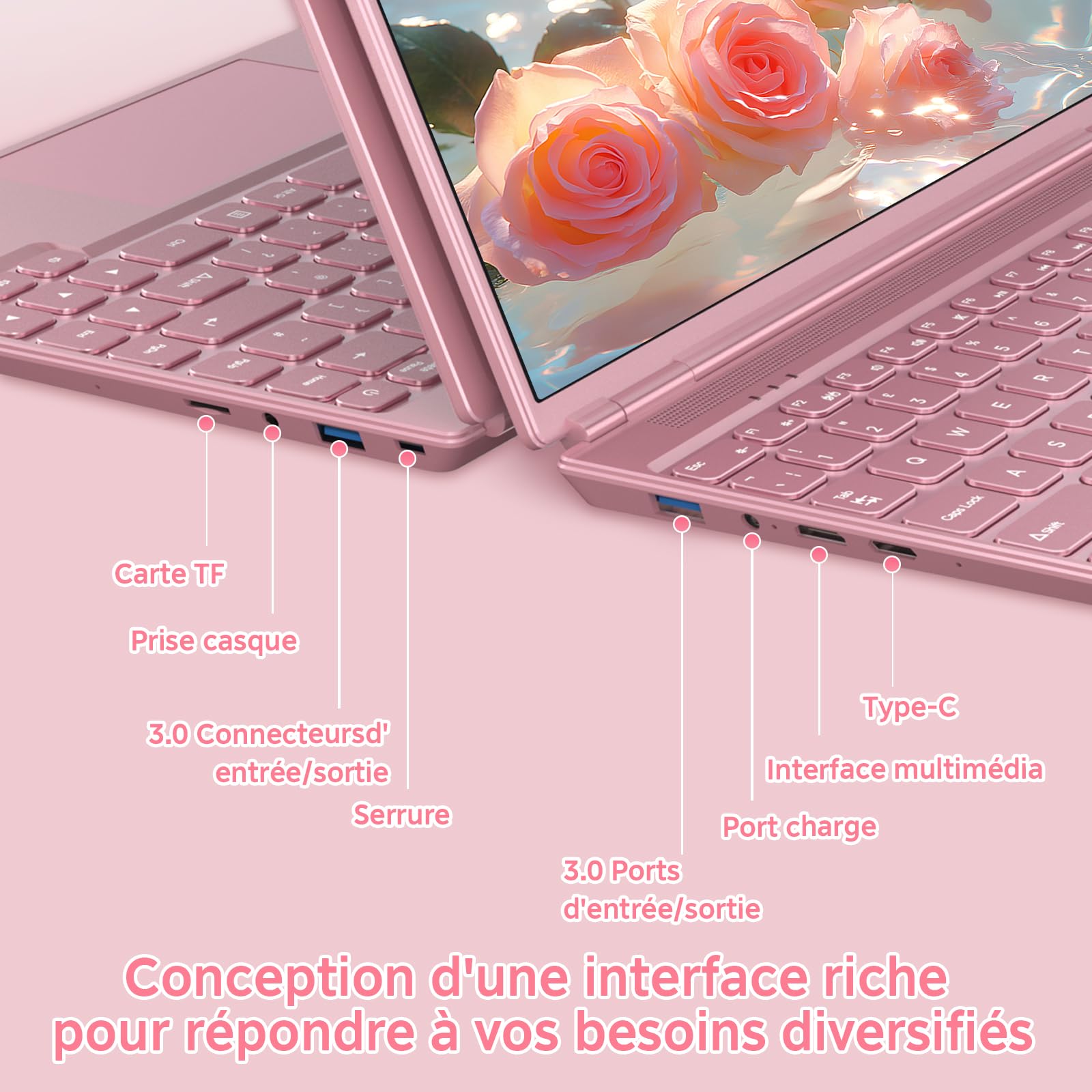 NOTODD PC Portable 14 Pouces 8+256GB SSD Soutien Extension 1TB,4 cœurs Celeron N5095 (jusqu'à 2,9 GHz), Ordinateur Portable Win11 avec 5G WiFi 1920x1200 BT4.2 Souris sans Fil ＆AZERTY Clavier-Rose