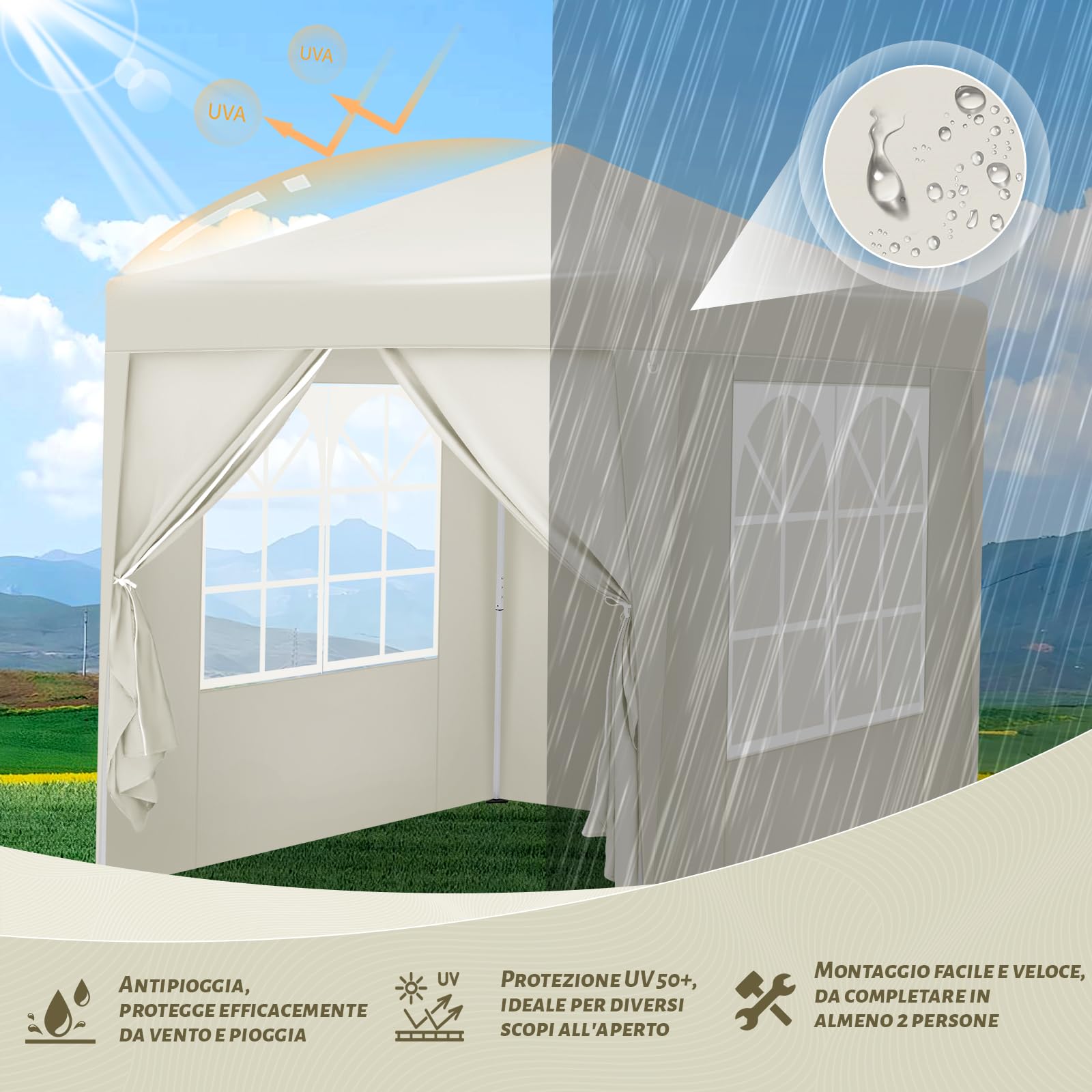 WOLTU Gazebo Pieghevole da Giardino, Gazebo Impermeabile Pop Up da 2x2m con Pannelli Laterali, Tendone Esterno, Altezza Regolabile, Protezione UV, con Custodia, Beige