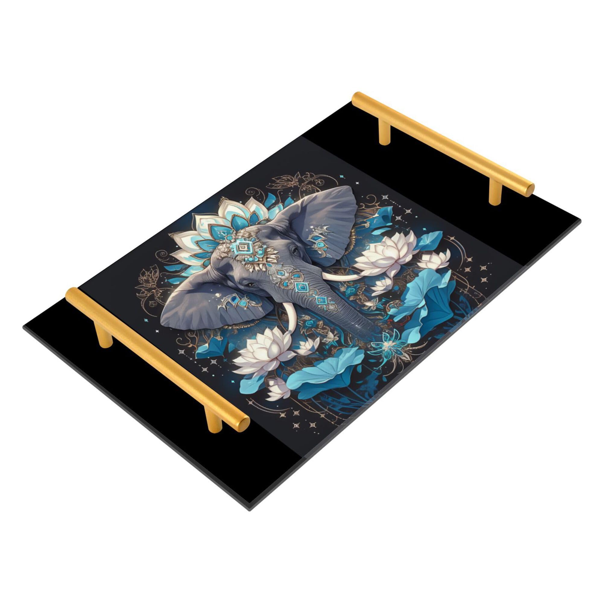 Bathroom Vanity Tray Counter Organizer, Elephant Flower Decorative Tray with Handles Countertop Storage for Bathroom Bedroom Kitchen Home Farmhouse