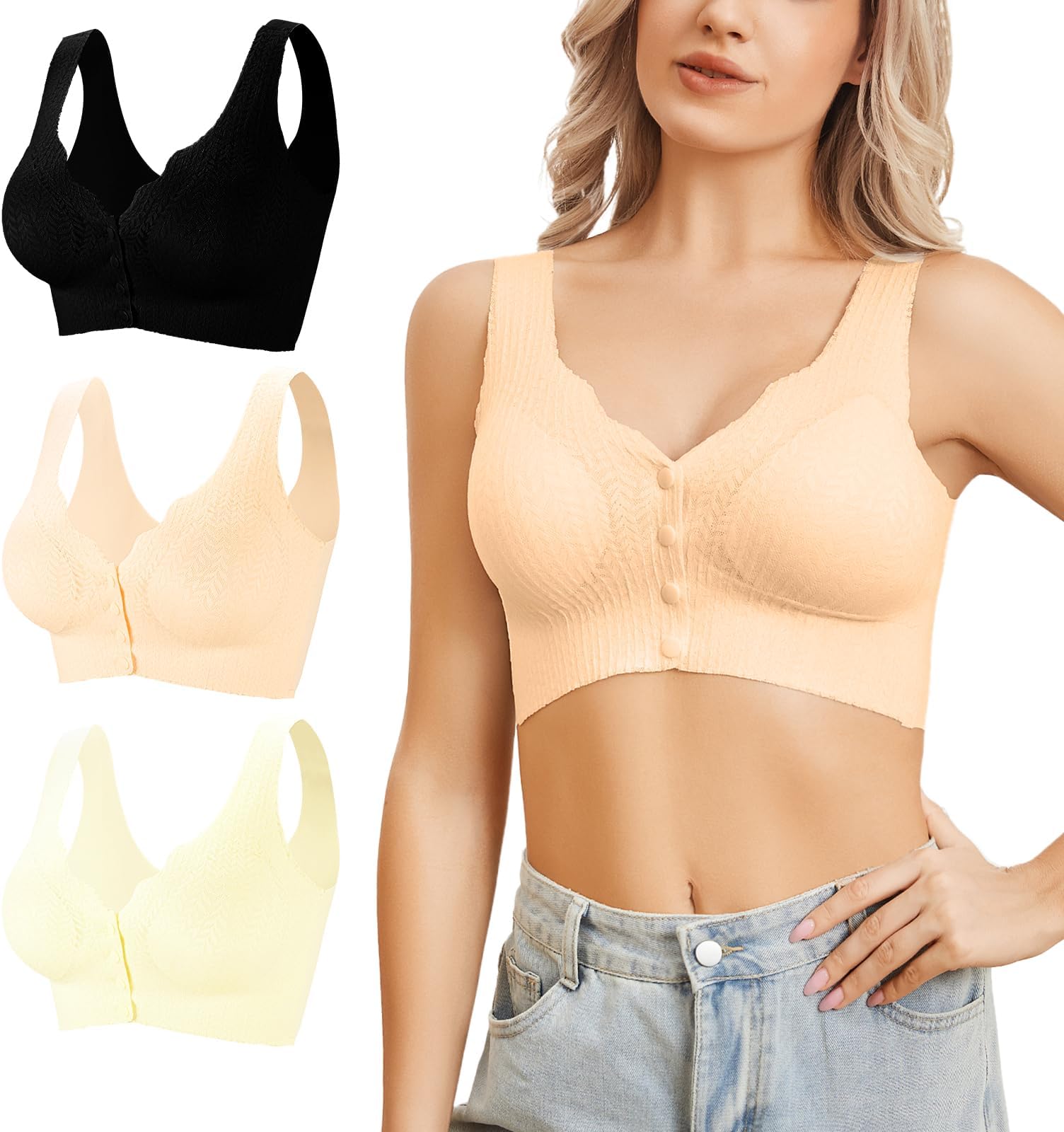 EleplusSeamless Front Closure Bras for Women 3 Pack Wireless Smoothing Bralette Padded Comfortable Sleep Bras Pack