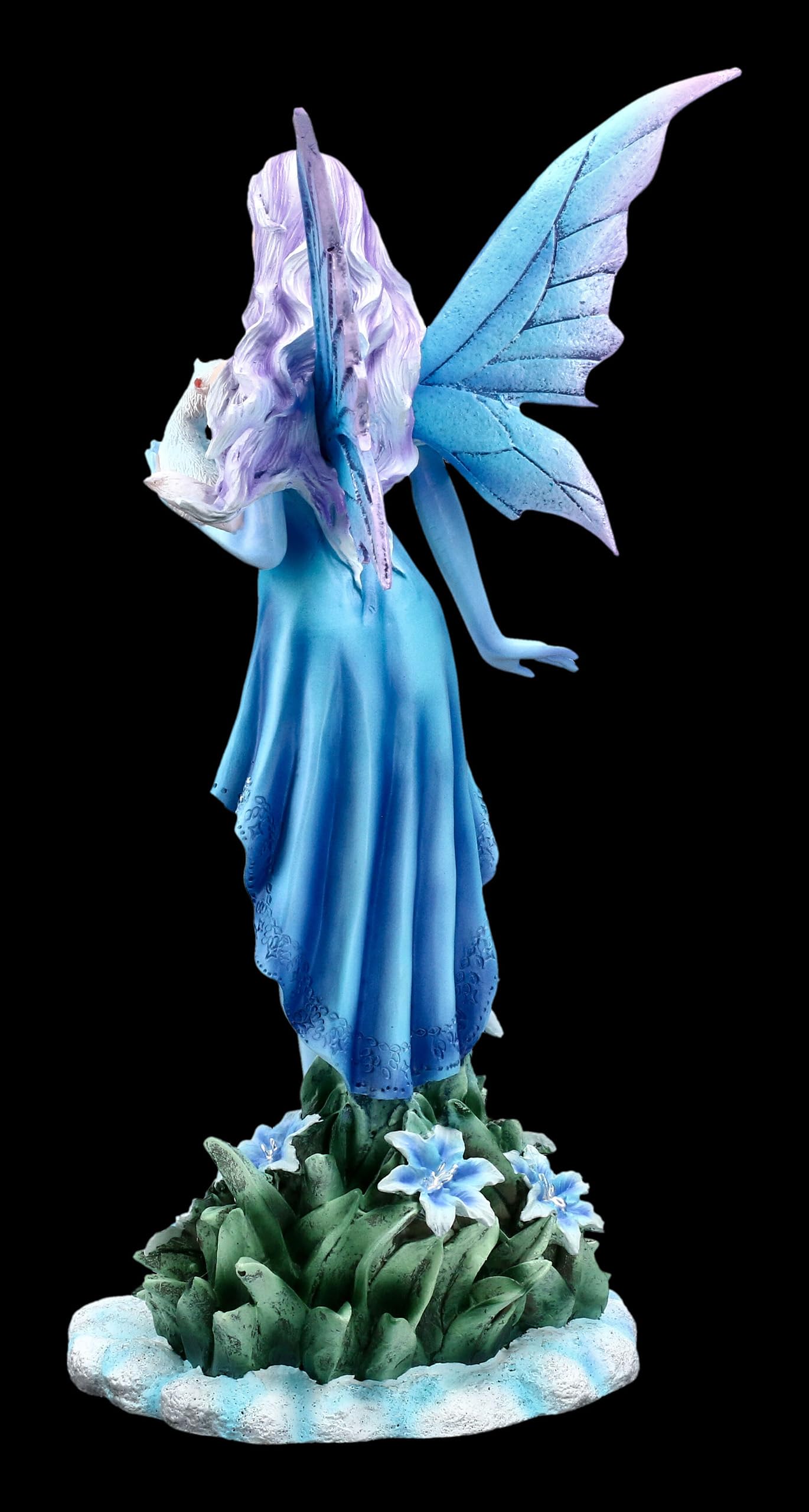 Winter Elfen Figur Melly mit weißem Frettchen, 26 cm, Kunststein, Handbemalt - Winterlandschaft, blaues Kleid