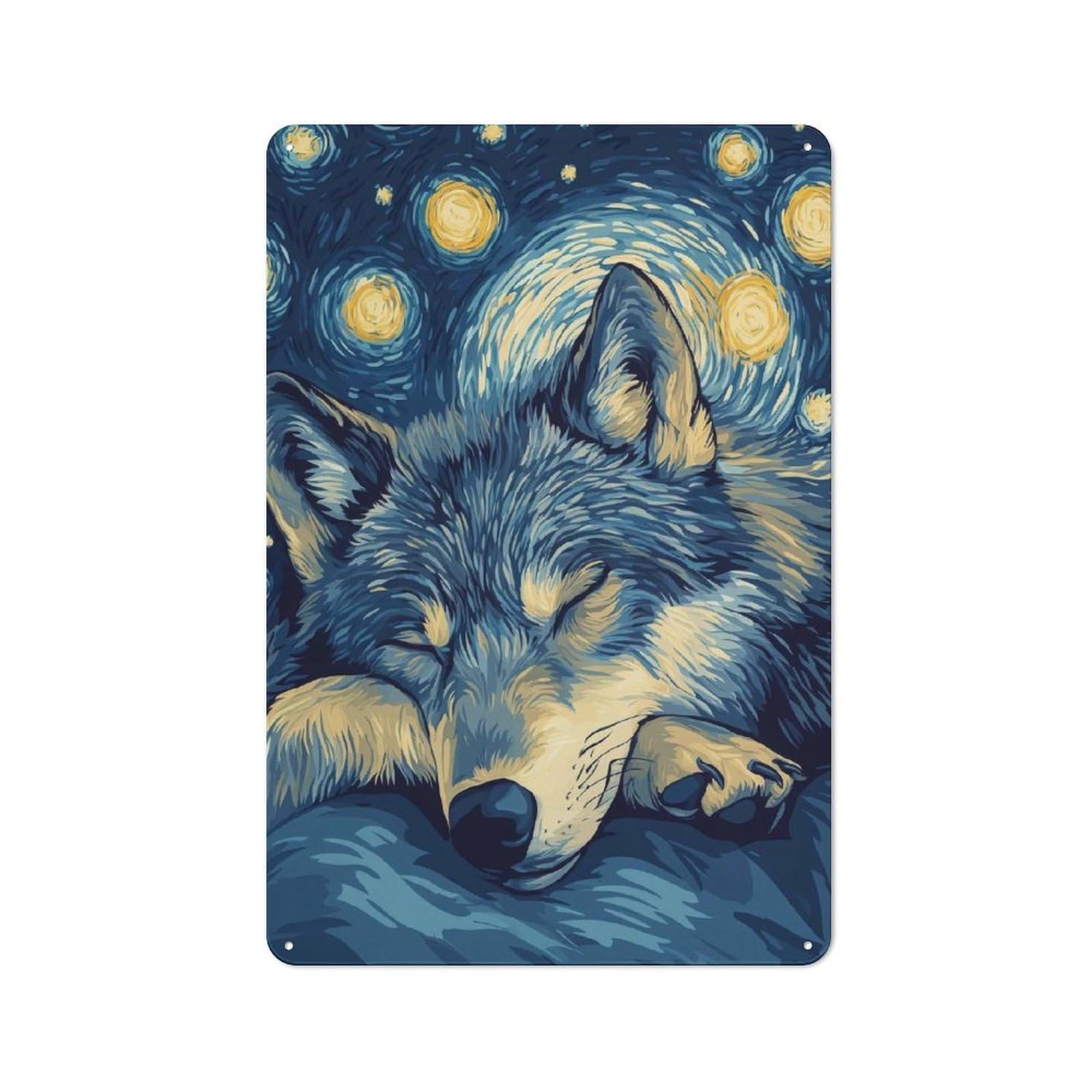 Junmoney Style-17 Rustic Metal Sign 30X20cm Featuring Wolf In Starry Night For Hallway Wall, A Decorative Gift For A Newly Furnished Hallway
