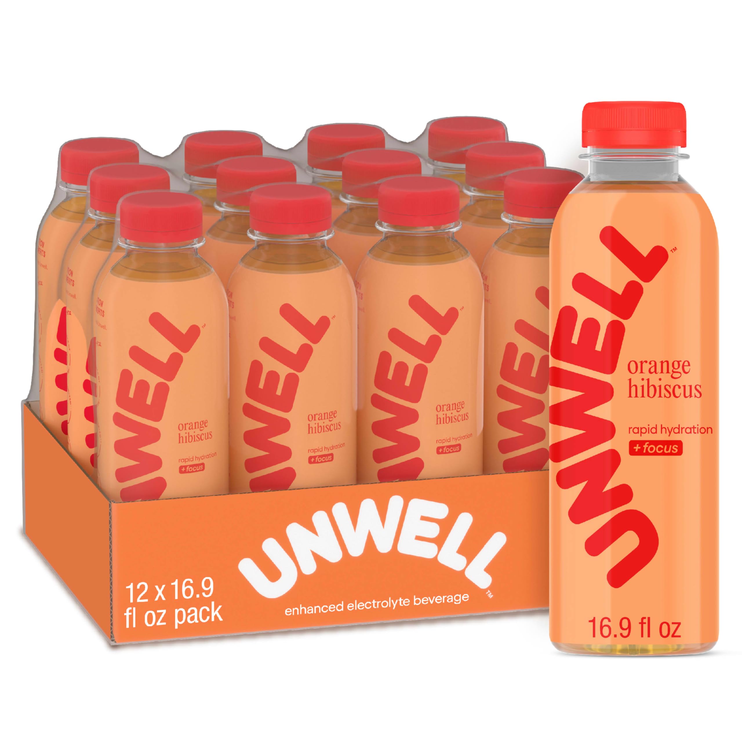Unwell Hydration Electrolyte Drink For Rapid Hydration + Focus – Orange Hibiscus, 12 Pack