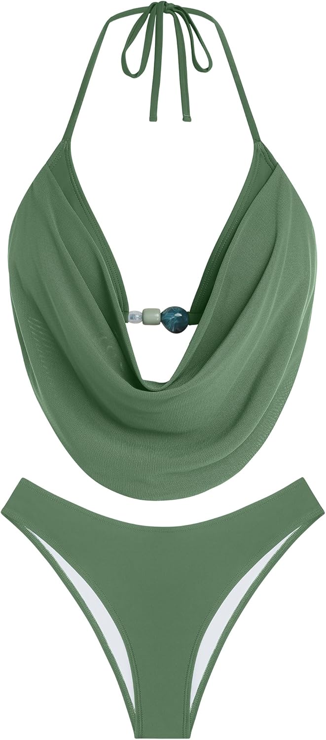 ZAFUL Women's Two Piece Bikini Sets Triangle Halter Swimsuit Deep V Cowl Neck Ruching Bathing Suits