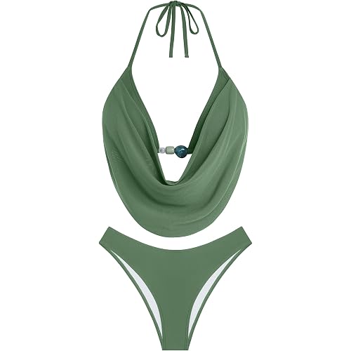 ZAFUL Women's Two Piece Bikini Sets Triangle Halter Swimsuit Deep V Cowl Neck Ruching Bathing Suits