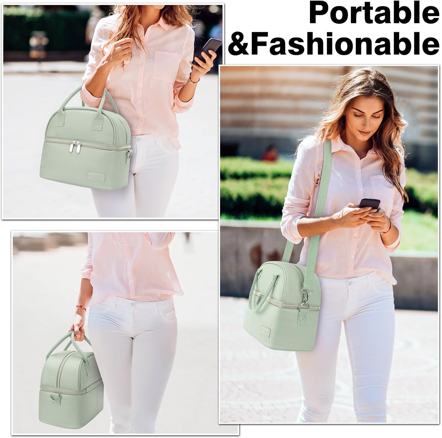 BALORAY Lunch Bag for Women Men, Double Deck Lunch Box for Adults, PU Leather Lunch Tote Bag Insulated Lunch Bags with Strap for Work Office Picnic(Green with strap)