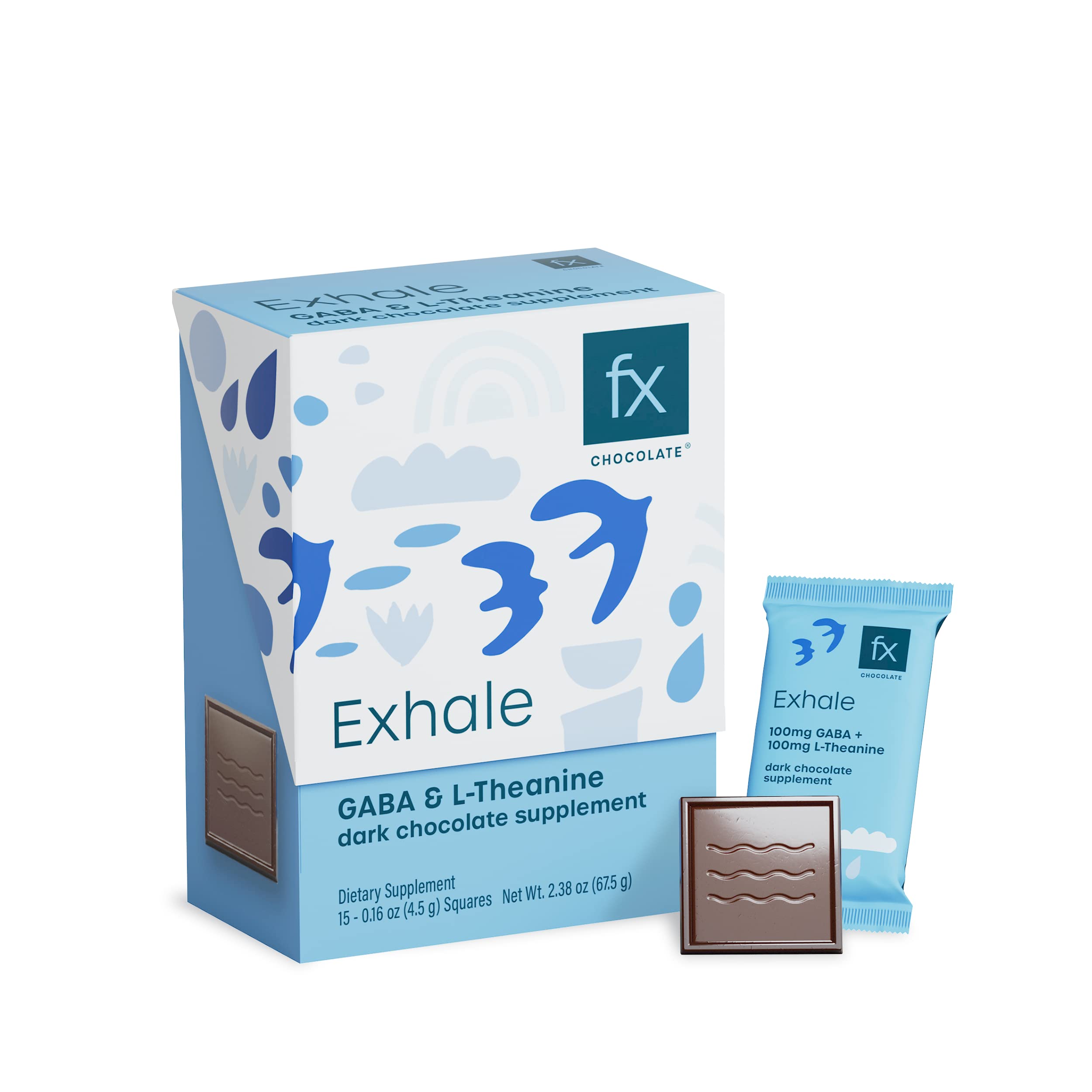 Fx Chocolate Exhale - Relaxing Chocolate Supplement to Support Calm + Stress Response - Sugar Free Cacao with 100mg GABA + 100mg L-Theanine - Keto Dark Chocolate - Vegan + Non-GMO (Box of 15)