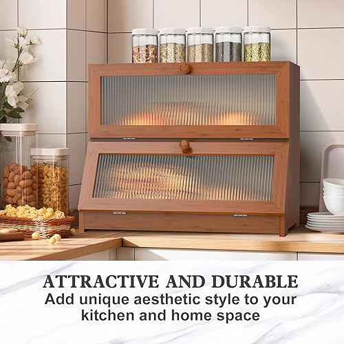 Miniatura 6 de Caja de pan para encimera de cocina Recipiente grande de almacenamiento de pan de bambú de 2 niveles, marrón