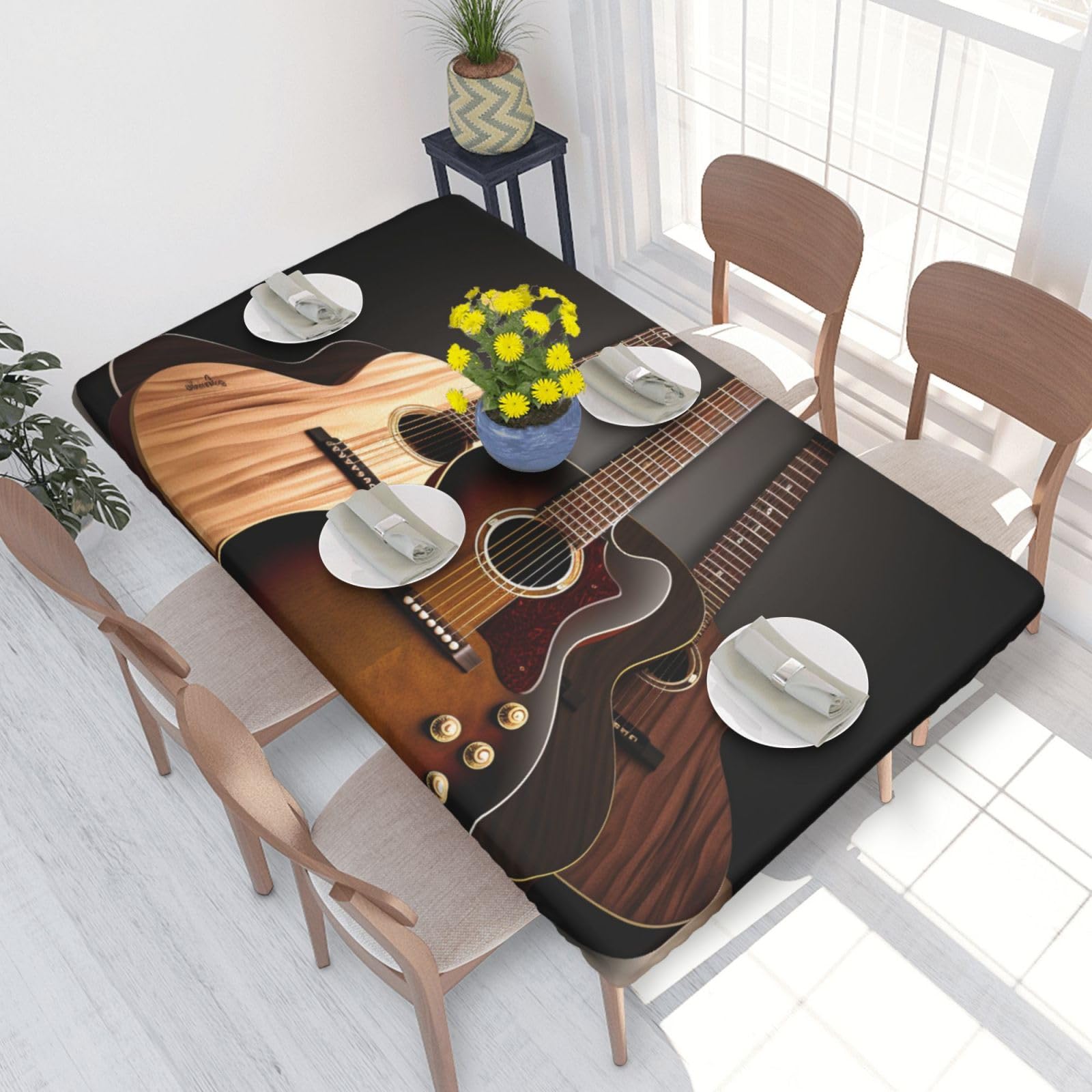 DCARSETCV Guitar Printed 4FT Waterproof Tablecloth with Elastic Edged Protect & Decor Your Table, Oil-proof Washable Table Cloth Cover for Dinner Picnic Party