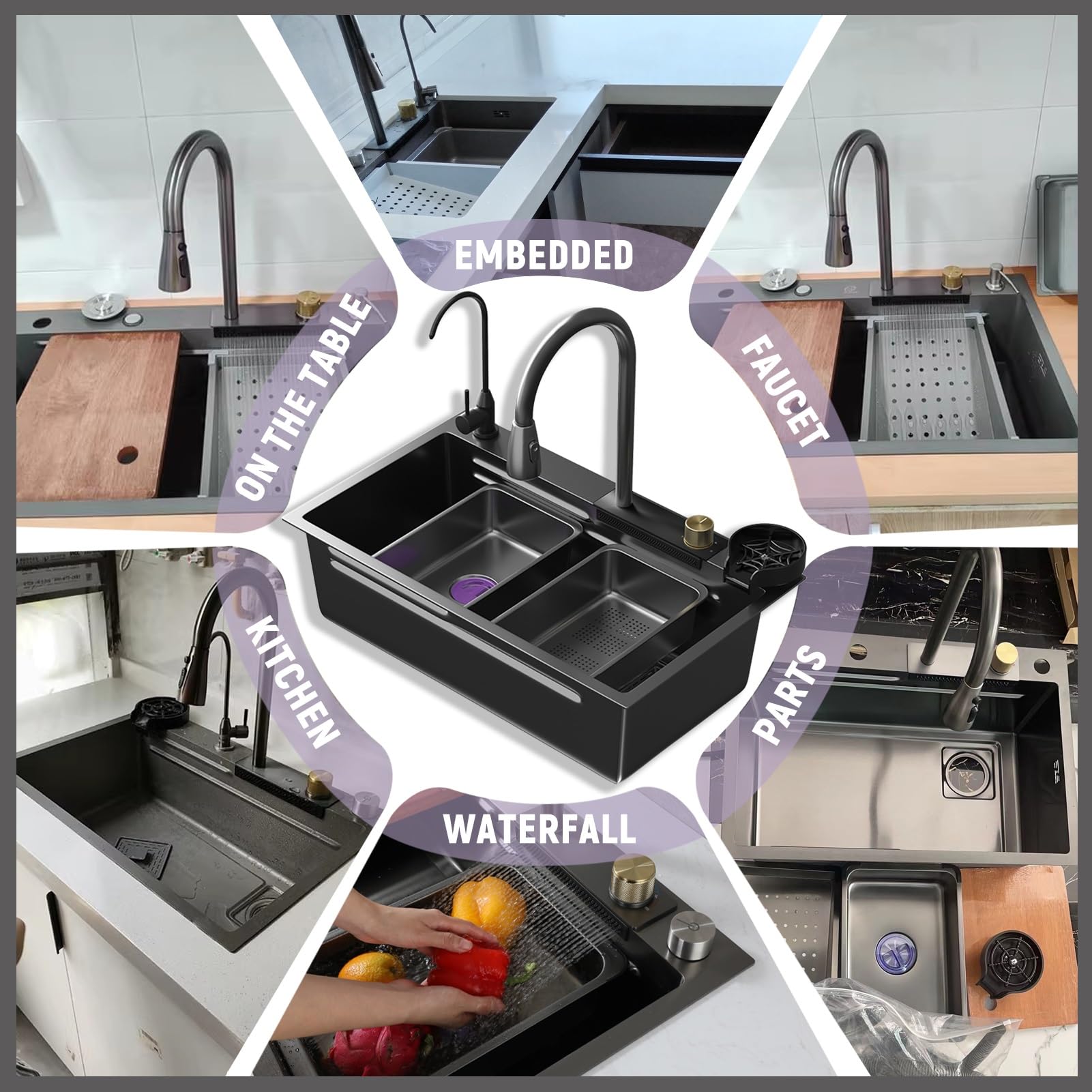 Spülbecken, 65x50cm schwarz waschbecken küche, 1 Becken Multifunktionale Spüle Küche Edelstahl Rechteck mit Zubehör wie spüle mit armatur set Abflusskörbe, Siphon, Über- und Ablauf-Set