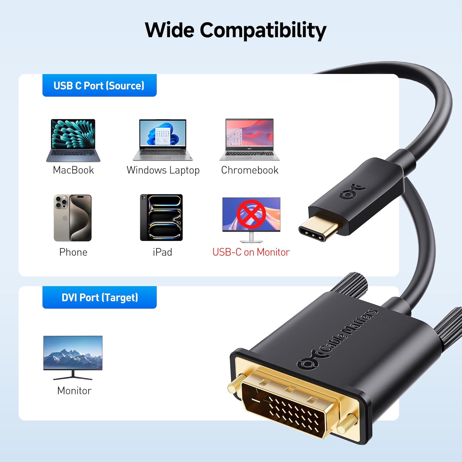 Cable Matters USB C to DVI Cable (USB-C to DVI Cable) 6 ft - Thunderbolt 4 / USB4 / Thunderbolt 3 Port Compatible with MacBook Pro, Dell XPS 13, 15, HP Spectre x360, Surface Pro