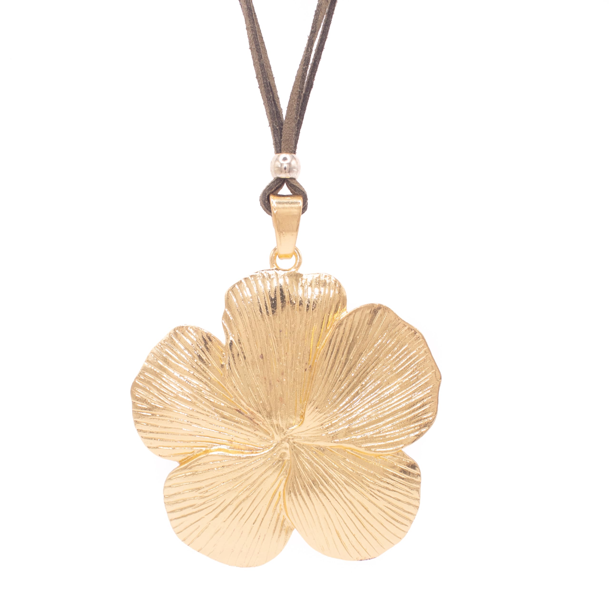 NILUXE DESIGN Colgante mujer flor -Collares dorados o plateados Flor grande -Cadena de acero o antelina ajustable - Collar Flor grande largo(Dorado - antelina verde)