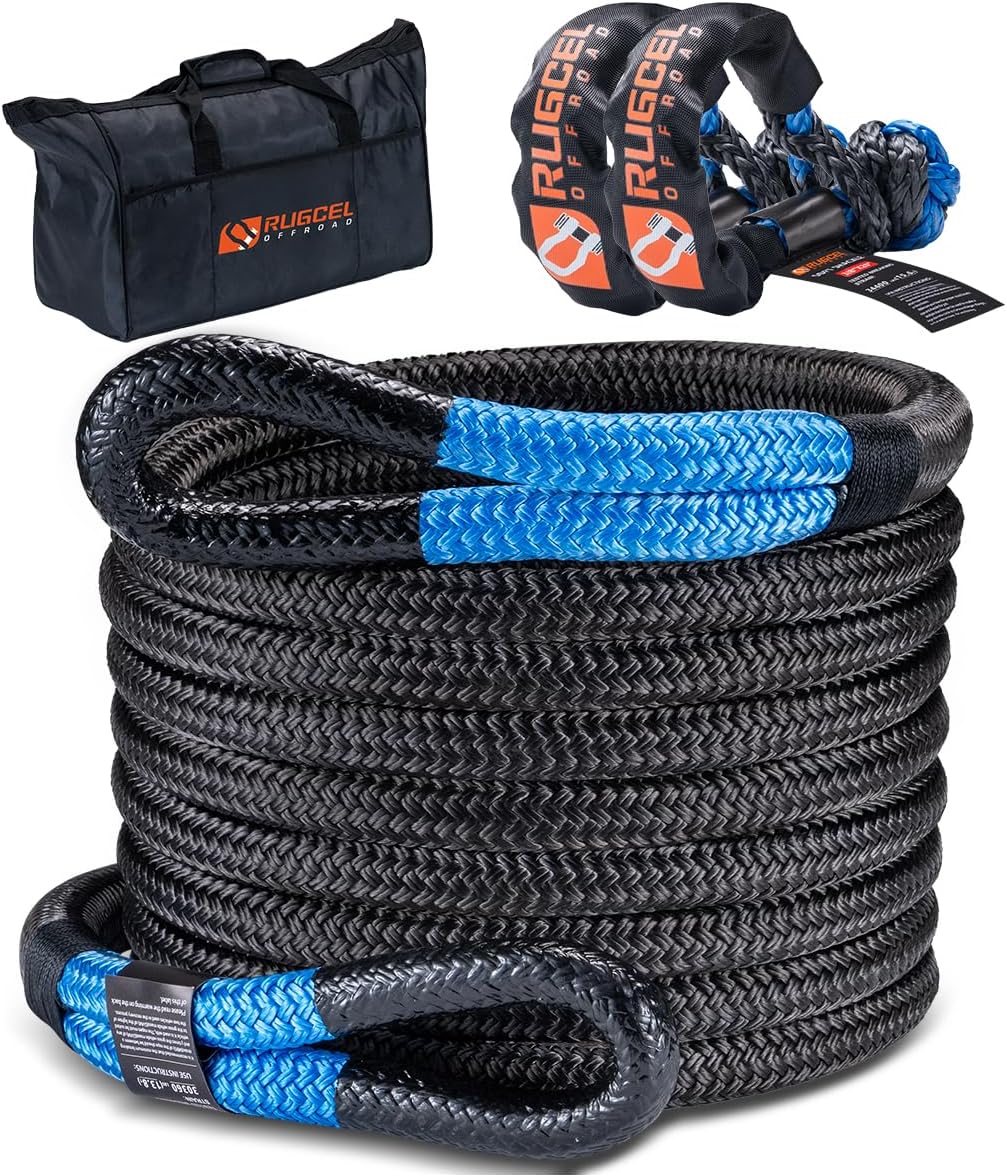RUGCEL Kinetic Recovery Rope Kit 34000 lbs, 1in×30ft Power Recovery Tow Rope with Soft Shackles & Storage Bag, Heavy Duty Offroad Towing Gear for ATV, UTV, Truck, Car & SUV，Tow Straps