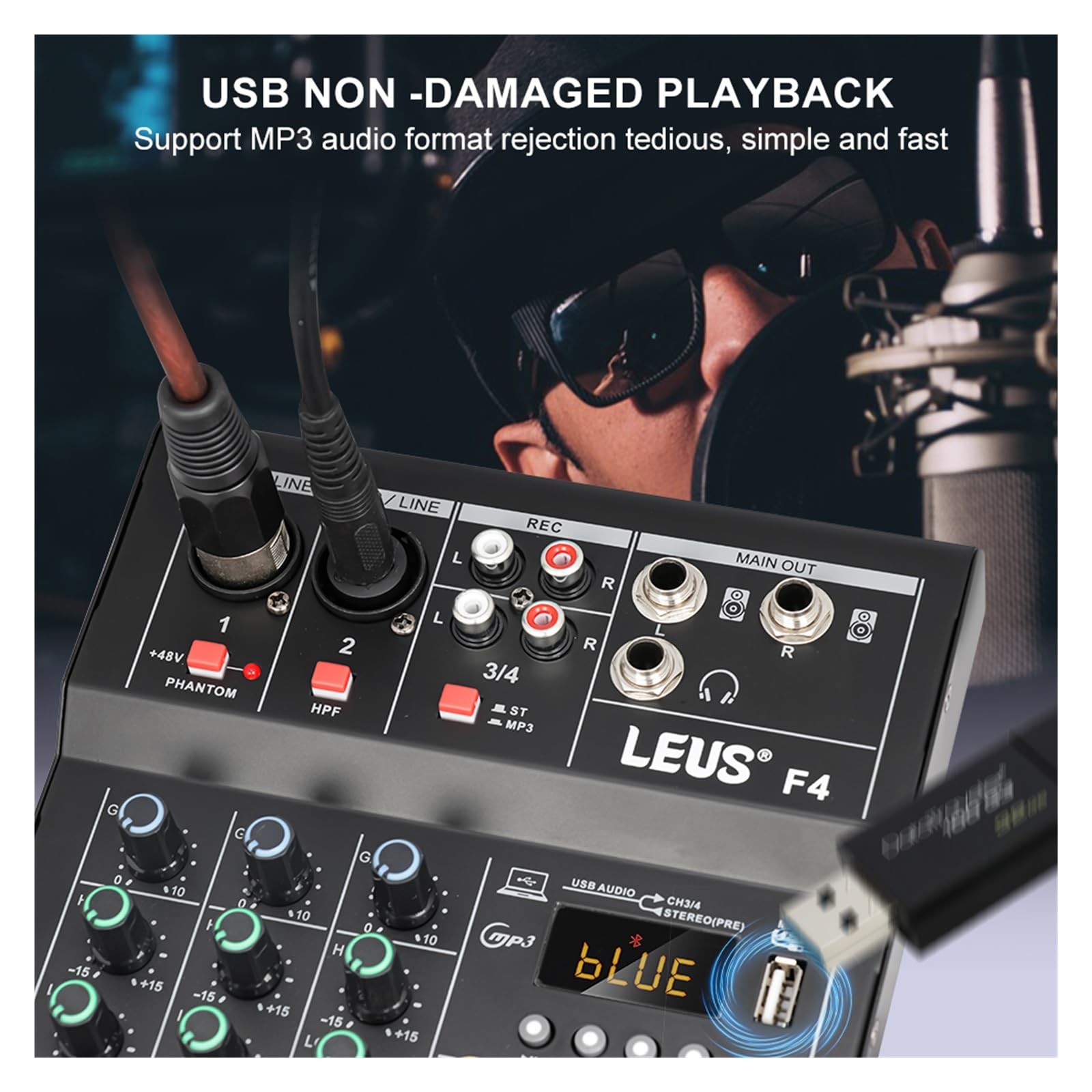 Mixer DJ, F4 Mixing Console Interfaccia Bluetooth USB Registrazione PC 48V Phantom Power Ritardo Ripetizione Effetto 4 Canali DJ Sound Mixer(White)