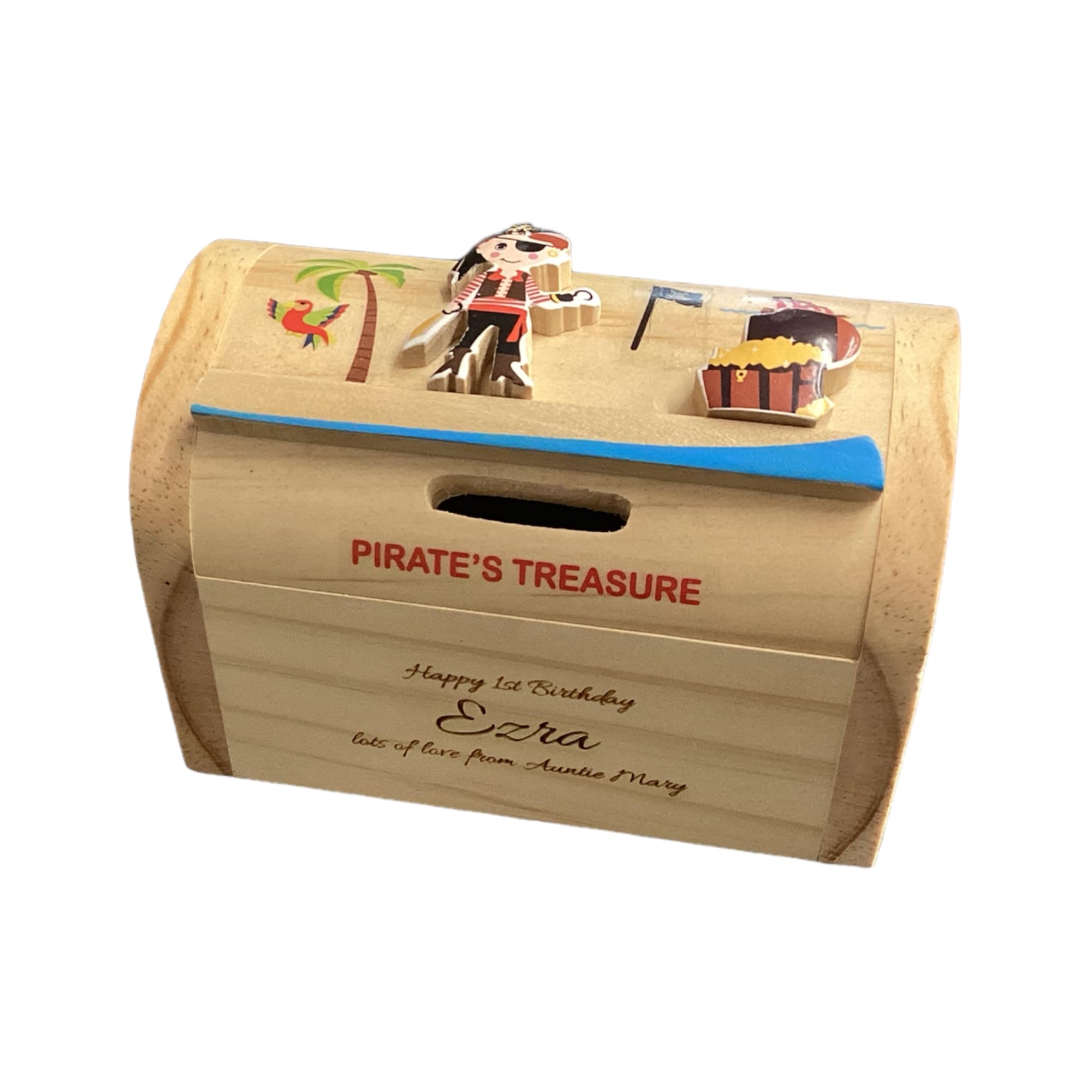 Personalised Wooden Pirate Design Money Box - Engraved With Any Name/Message