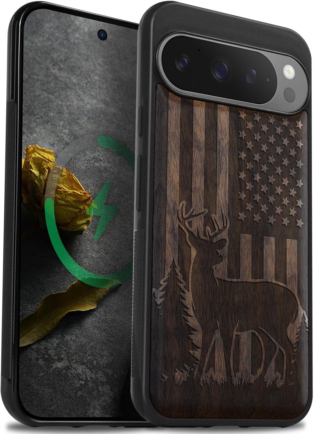 Carveit Magnetic Wooden Case for Google Pixel 9 Pro XL Case, Wood Artisan Engraved & Soft TPU Shockproof Cover, Compatible with MagSafe Wireless Chargers (Patriotic Deer Silhouette) Walnut