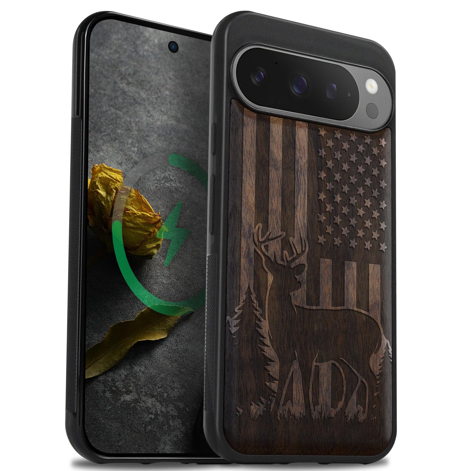 Carveit Magnetic Wooden Case for Pixel 9 Pro Google 9 Pro Case, Wood Artisan Engraved & Soft TPU Shockproof Cover, Compatible with MagSafe Wireless