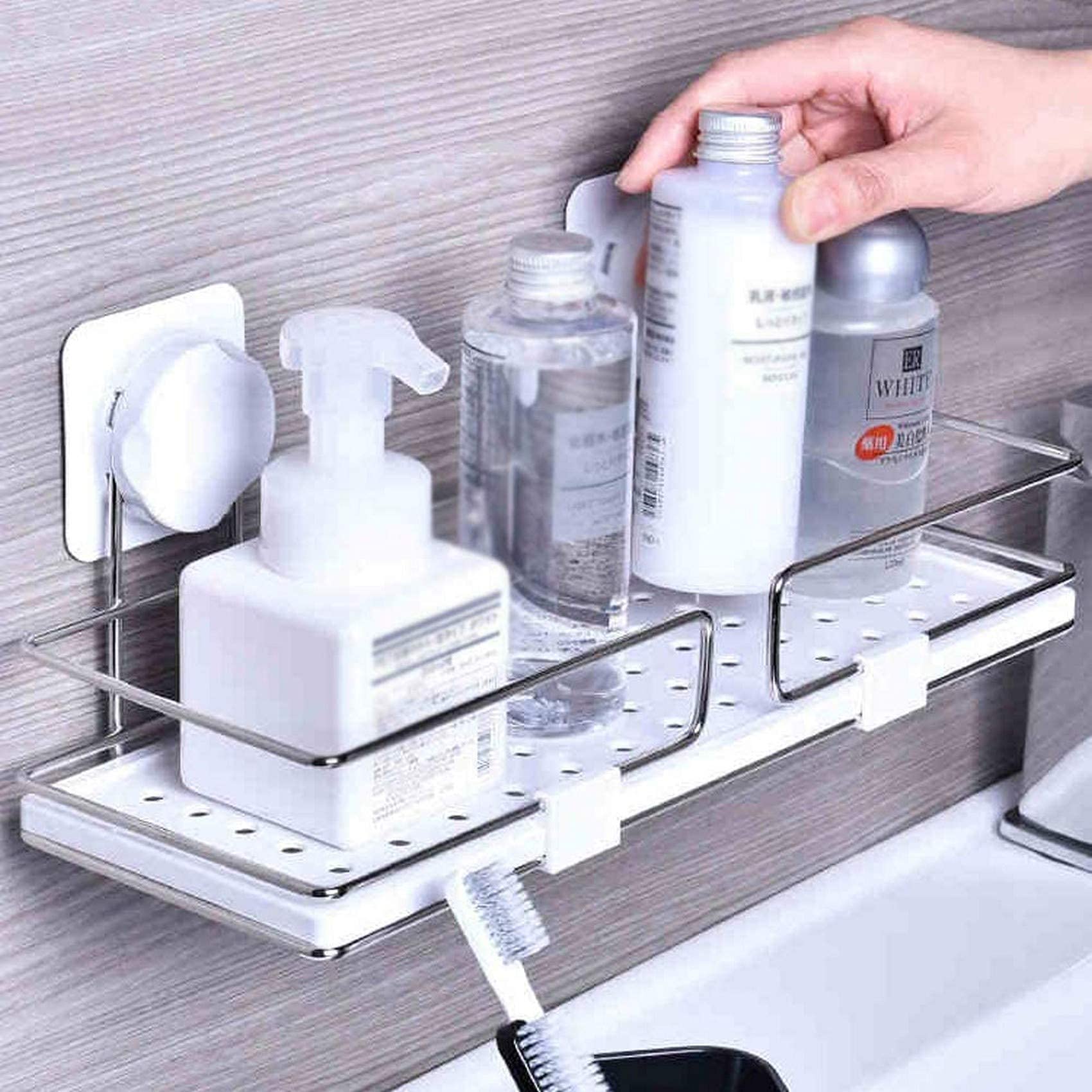 Antirust Stainless Steel Bath Shower Caddy Wall Mounted Rustproof Rectangle Bathroom Shelf Suction Cups Towel Rack Kitchen Storage