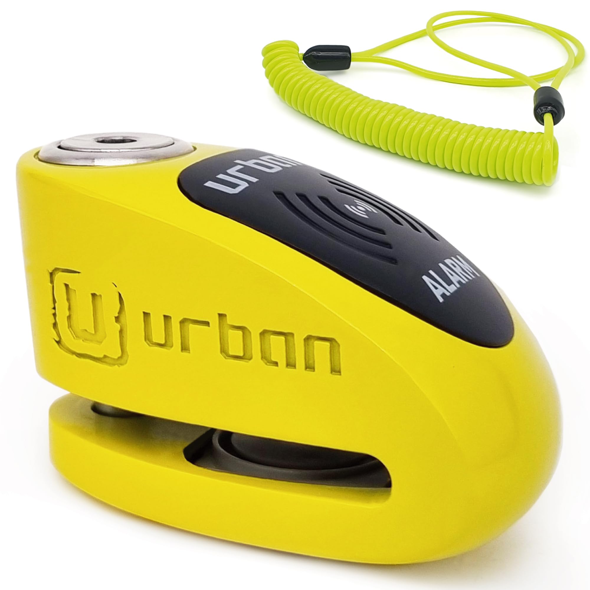URBAN UR910Y Candado Moto con Alarma 120 dB, Amarillo+Negro Acero Inox Pintado +Disuasorio, Homologado SRA & Sold Secure Gold, Doble Cierre Ø10mm, Bateria CR2, Antirrobo Pinza Cepo Disco Freno Scooter