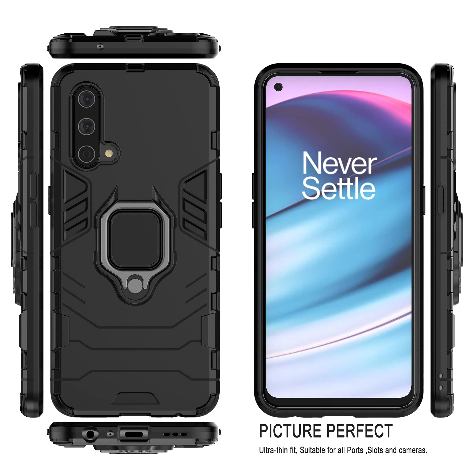 Funda WEIOU Para OnePlus Nord CE 5G + 2 Cristales Templados - TPU/PC, Soporte 360°, Negro