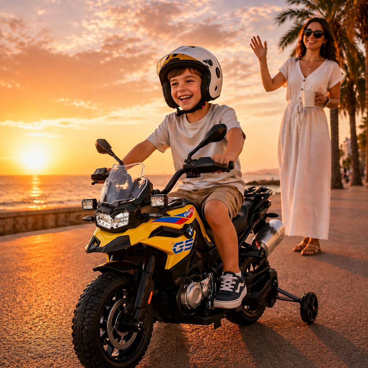 ATAA Elektrisches Motorrad für Kinder BMW GS F850, 12 V, Gelb, mit Rollen aus EVA und LED