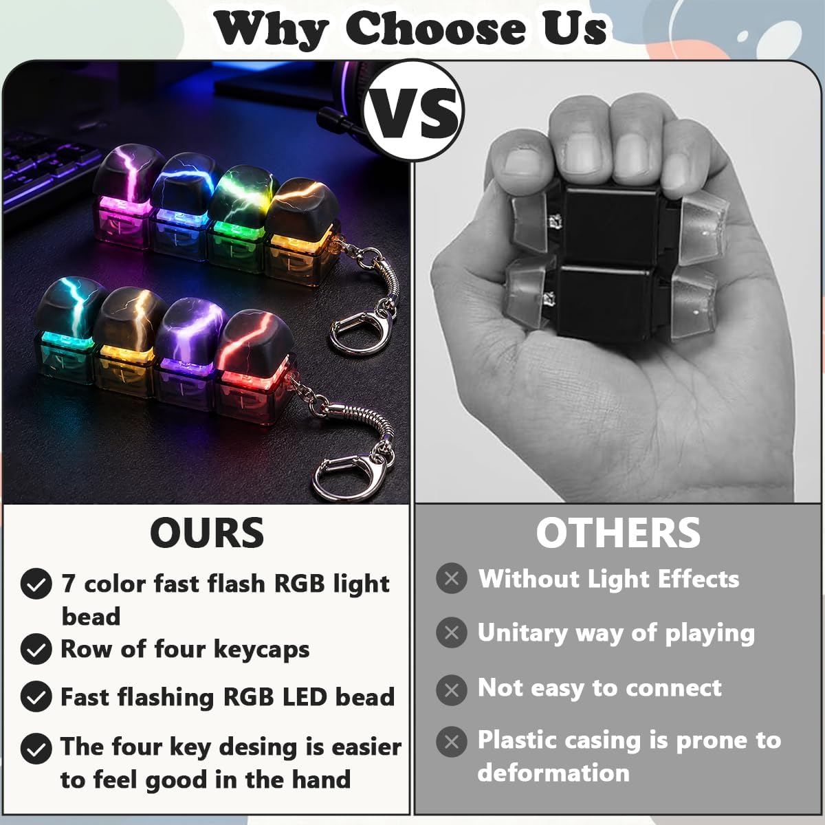 2 Pack Keyboard Fidget Toy with LED Lights and Keychain, Stress Relief Clicker for Adults, Loud Clicky Buttons with RGB Lightning Effects for Anxiety Decompression at Office Library Home