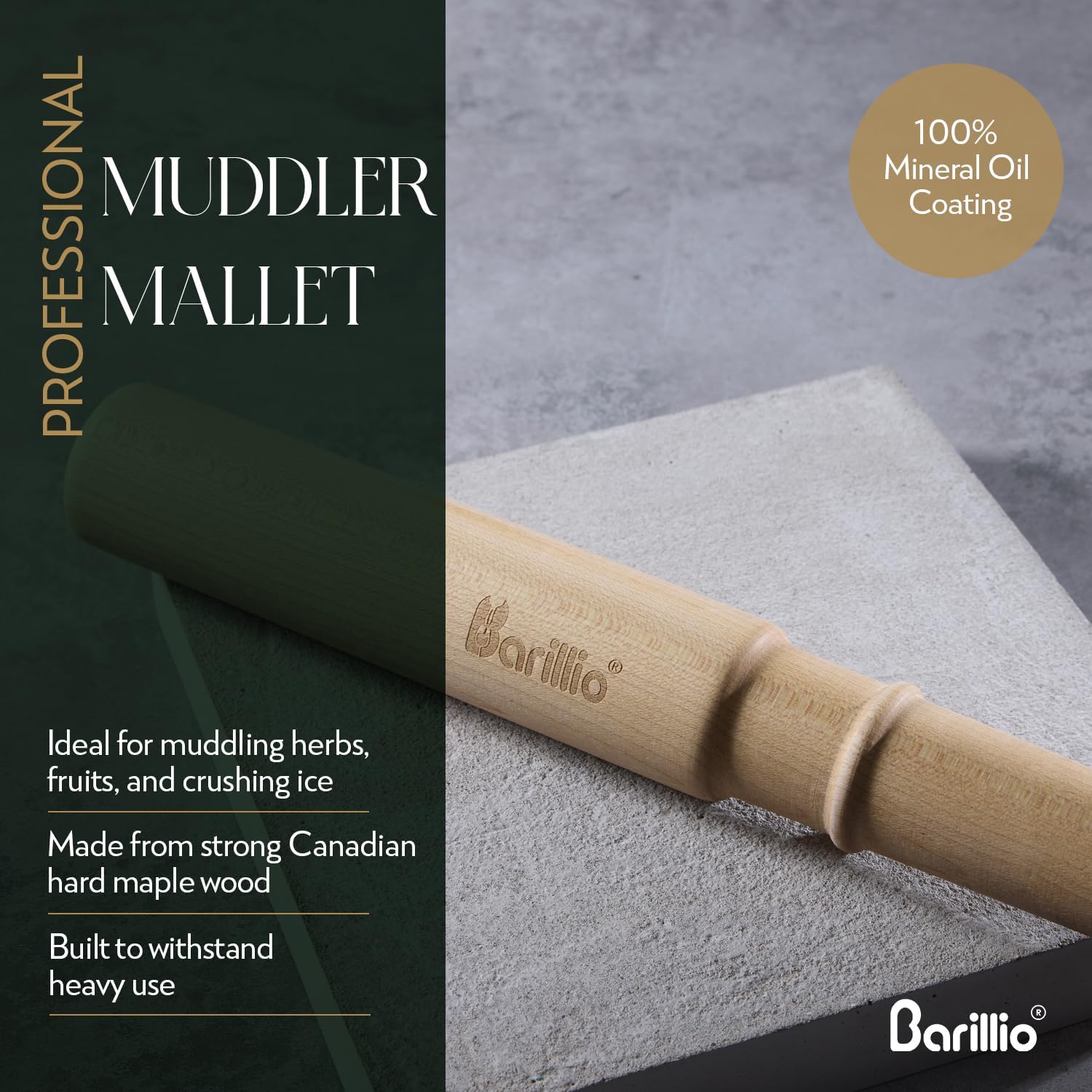 Barillio Drink Muddler Mallet and Lewis Bag Set - Big-Shot 13.75 Inch Wooden Muddler and Ice Hammer for Cocktails w/Canvas Ice Crushing Bag - Bar Tool Set