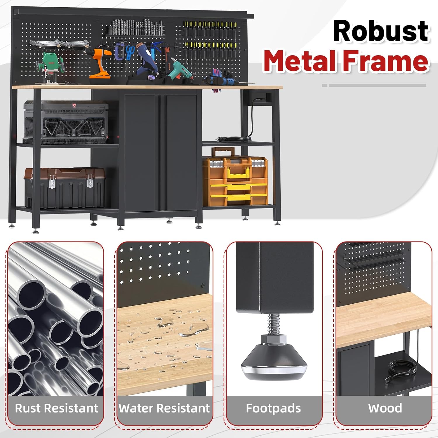 60’’ Workbench and Garage Cabinet Storage System 2000LBS Heavy Duty Work Bench Table with Top Storage Panel Wrench Holder Hammer Rack Hooks Screwdriver Rack Charge Station Tool Organizer