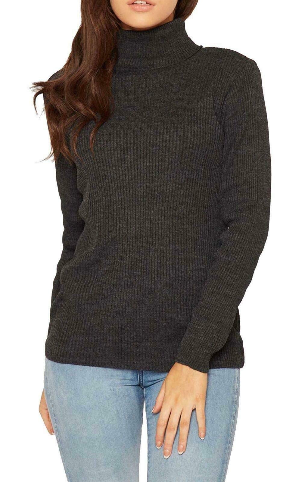 Womens Ladies Ribbed Polo Neck TOP Jumper Turtle ROLL Neck Full Sleeve Plain TOP (S/M 8-10, Charcoal)