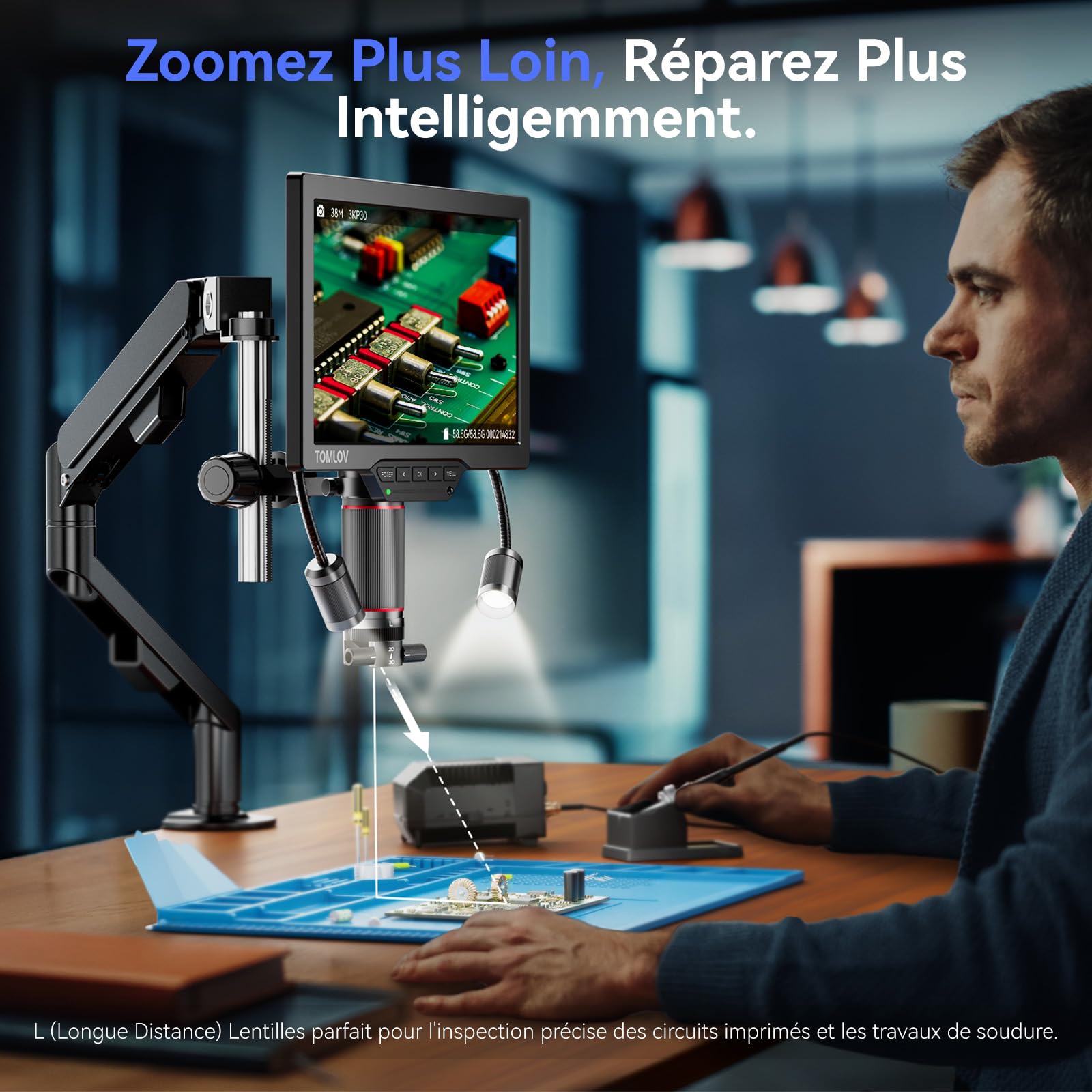 TOMLOV TM3K-3D IPS Microscope Numérique Double Lentilles Magnétiques, Microscope de Soudure 3D pour Adultes, Loupe 3K HDMI/USB pour Pièces de Monnaie avec LED, Tapis de Réparation, Bras Flexible, 64Go