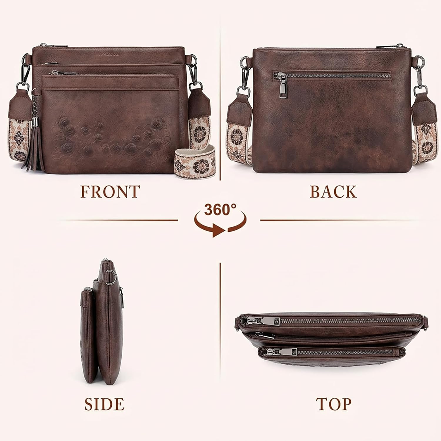 MEITRUE Crossbody Bags for Women,Embossed Leather Purse with Tassel Multi Pocket Travel Shoulder Handbags - Image 6