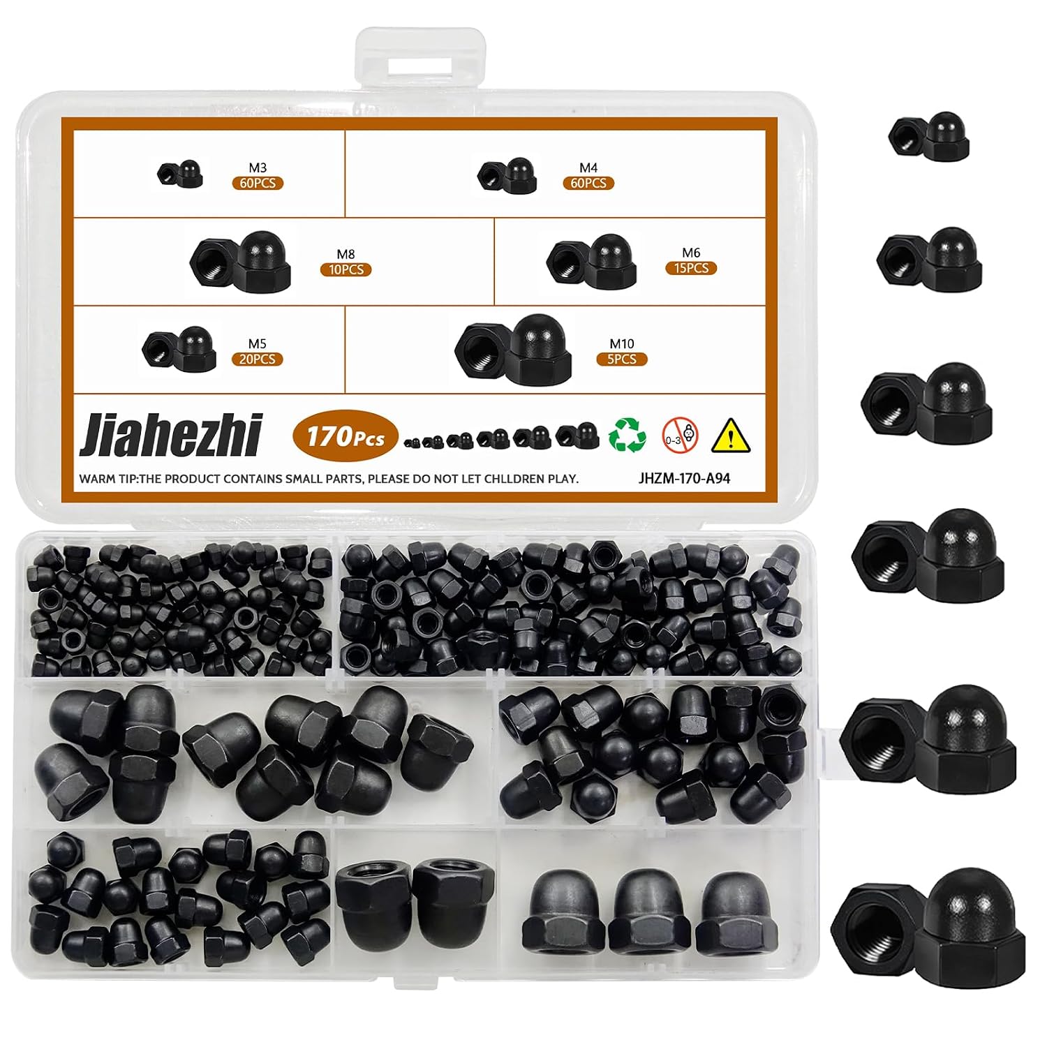 170Pcs Acorn Cap Nuts Kit, M3 M4 M5 M6 M8 M10 Carbon Steel Hex Dome Nuts, Decorative Bolt Cover Fasteners, Universal Hardware for Furniture, Automotive Repair and DIY Craft Projects