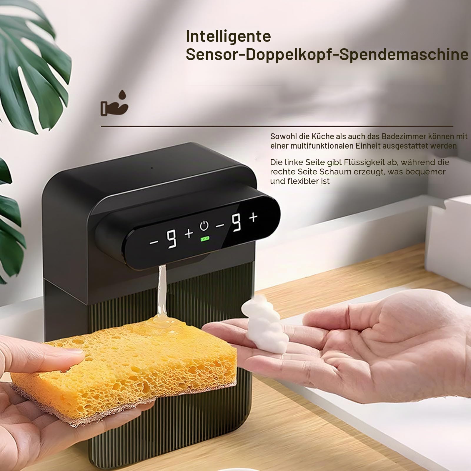 Bewinner Intelligenter Automatischer Seifenspender, Wandmontierter, Berührungsloser Doppelsensor-Elektrospender mit 9-stufig (Links Flüssigkeit Rechts Schaum)