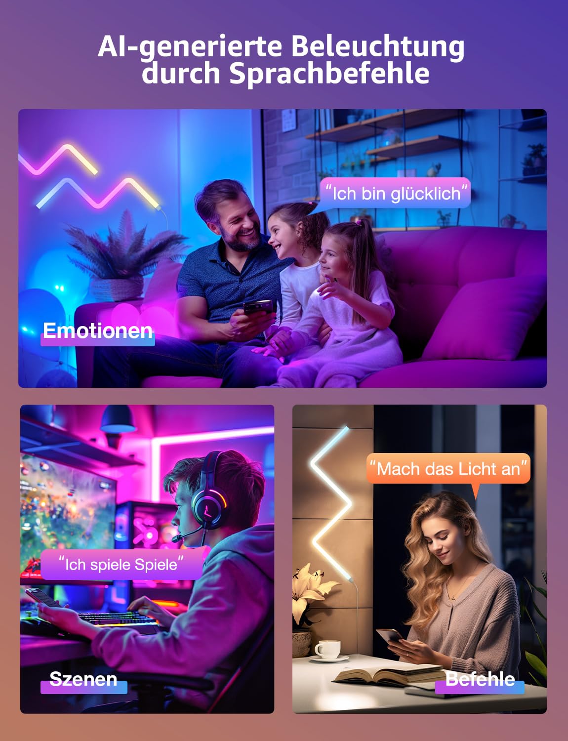 Lepro AI Glide Wall Light WL1, kompatibel mit Alexa&Google Assistant | Wandleuchte mit App-, Musik- und Sprachsteuerung, Personalisierter KI-Lichtdesigner für Gaming,Wand Deko, 8 Stück & 4 Ecke