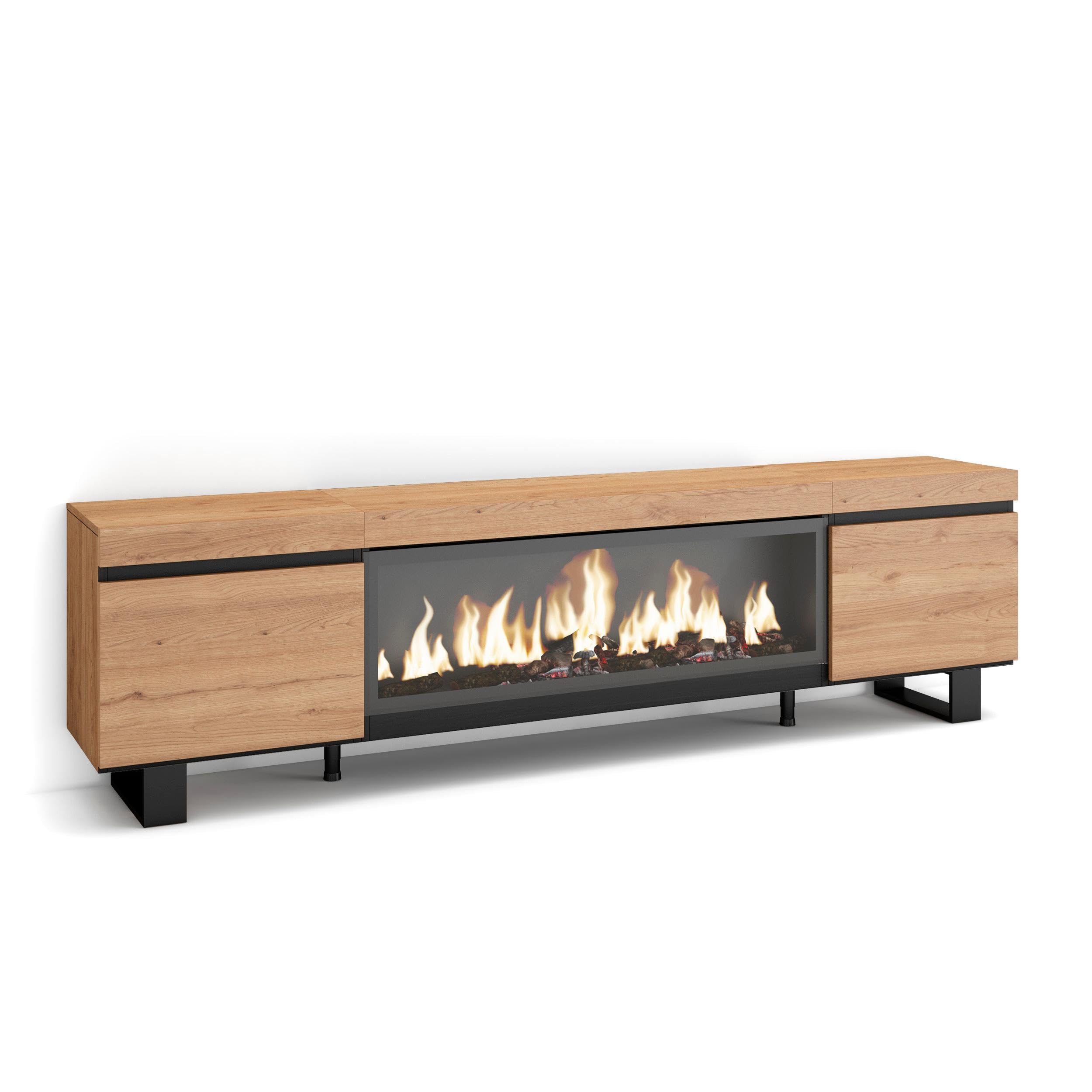 Skraut Home | Mueble TV | Televisión | Muebles de salón, almacenaje | 210 | para TV hasta 80" | Chimenea eléctrica XXL | Diseño Industrial | Estilo Moderno | Roble