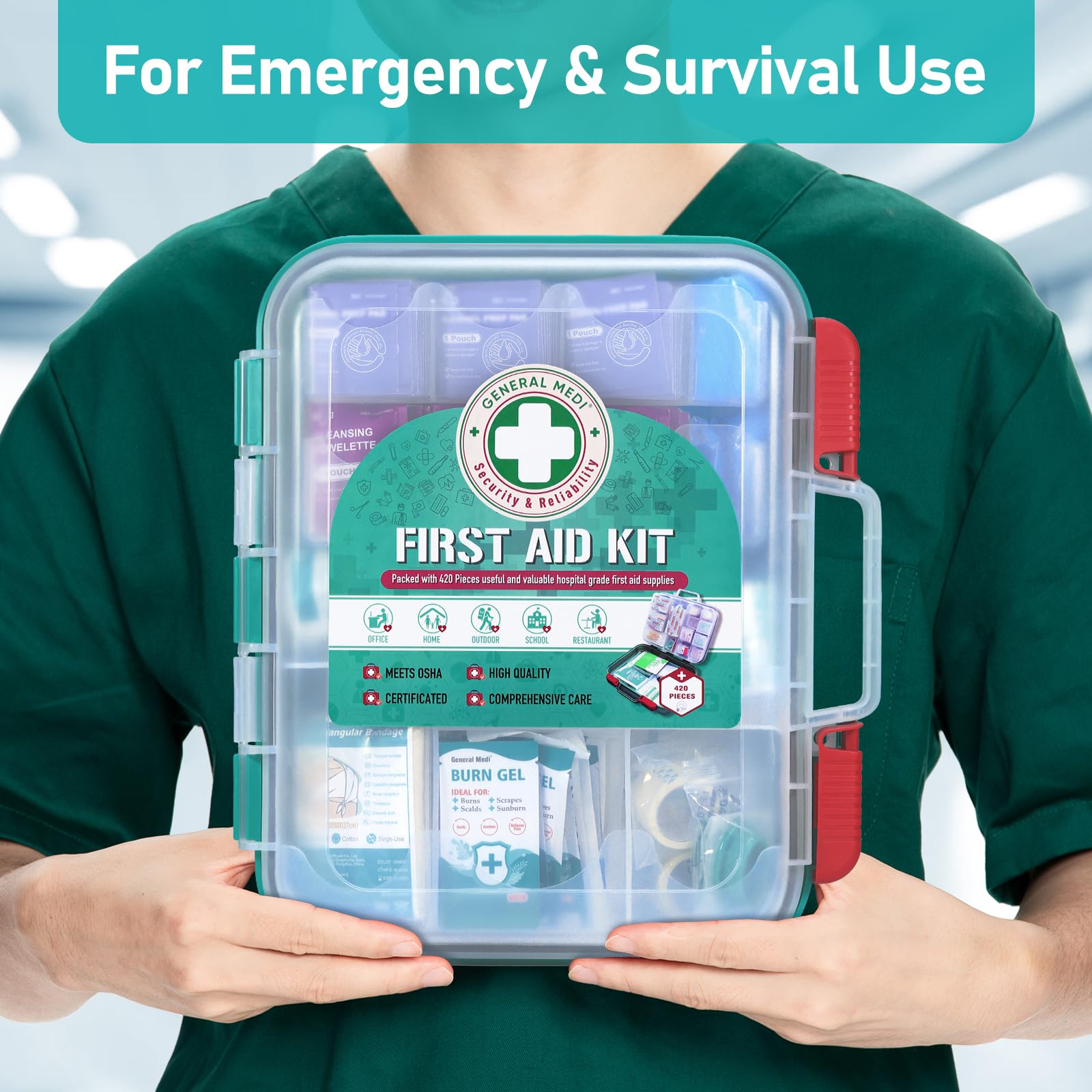 General Medi Kit de premiers secours professionnel 420 pièces – Boîte de premiers secours rigide – Contient des fournitures médicales de qualité supérieure pour voyage, maison, bureau, véhicule