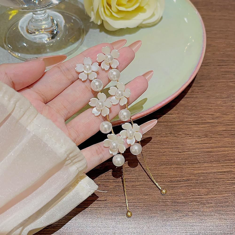 Long Pearl Flower Tassel Stud Earrings for Women Vintage Pearl Dangle Earrings Wedding Jewelry - Image 6